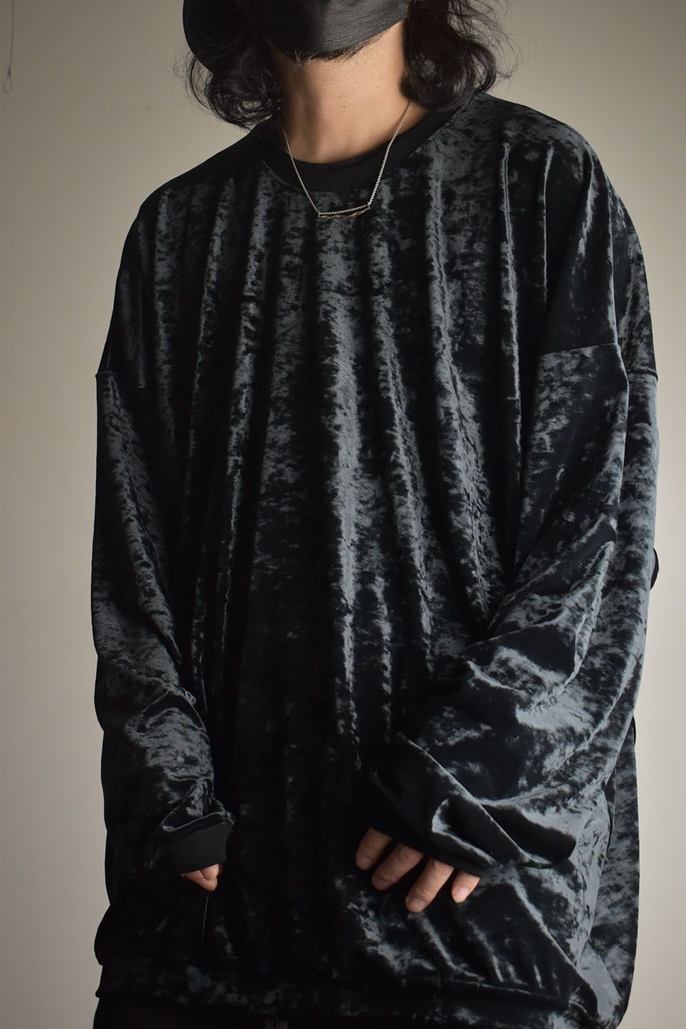 Washer Velor Jumbo Crew Neck Top"Black" / ワッシャーベロアジャンボクルーネックトップ"ブラック"