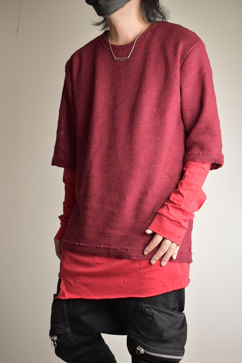 Low Gauge Knit and Cotton Jersey Layered T-Shirt "Red" / ローゲージニット×コットンジャージレイヤードTシャツ"レッド"