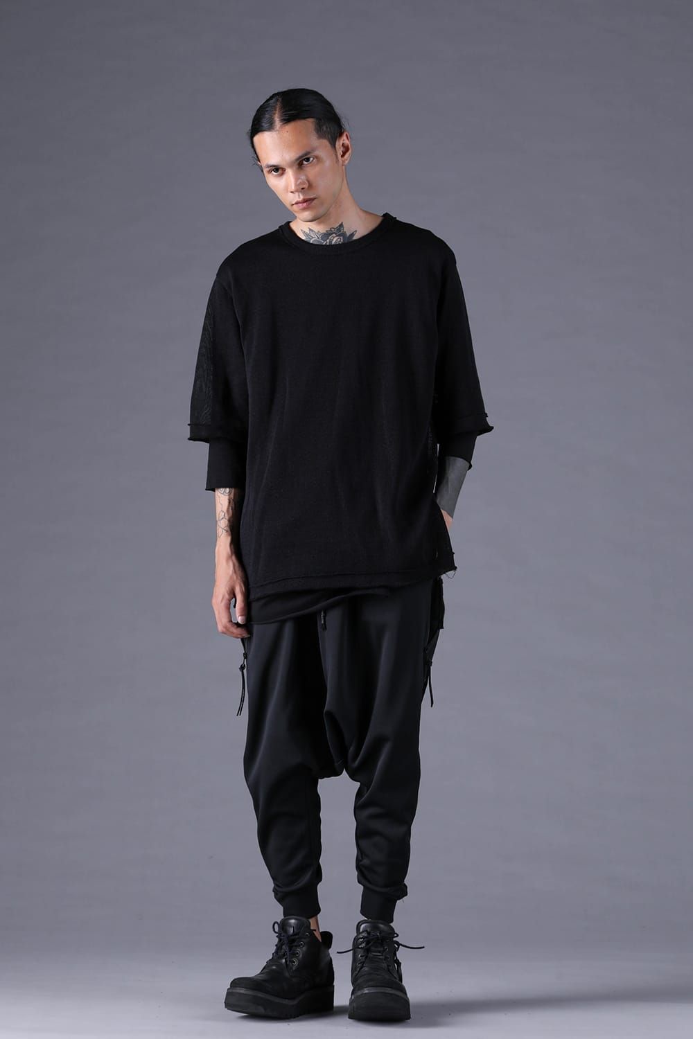 《2027SS先行予約分》Japanese Paper Cotton Knit Layered T-Shirt "Black" / 和紙コットンニットレイヤードTee "ブラック"