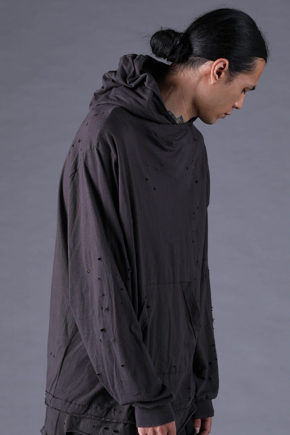 《2027SS先行予約分》Soft Cotton Jersey Shotgun-Damage Hoodie"Charcoal" / ソフトコットンジャージショットガンダメージフーディー"チャコール"