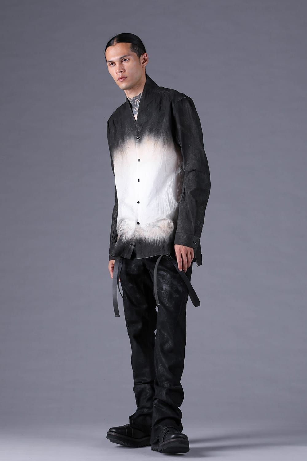 《2027SS先行予約分》Washer Loan Gradation Shawl-Collar Long Sleeve Shirt"Black" / ワッシャーローングラデーションショールカラーロングスリーブシャツ"ブラック"
