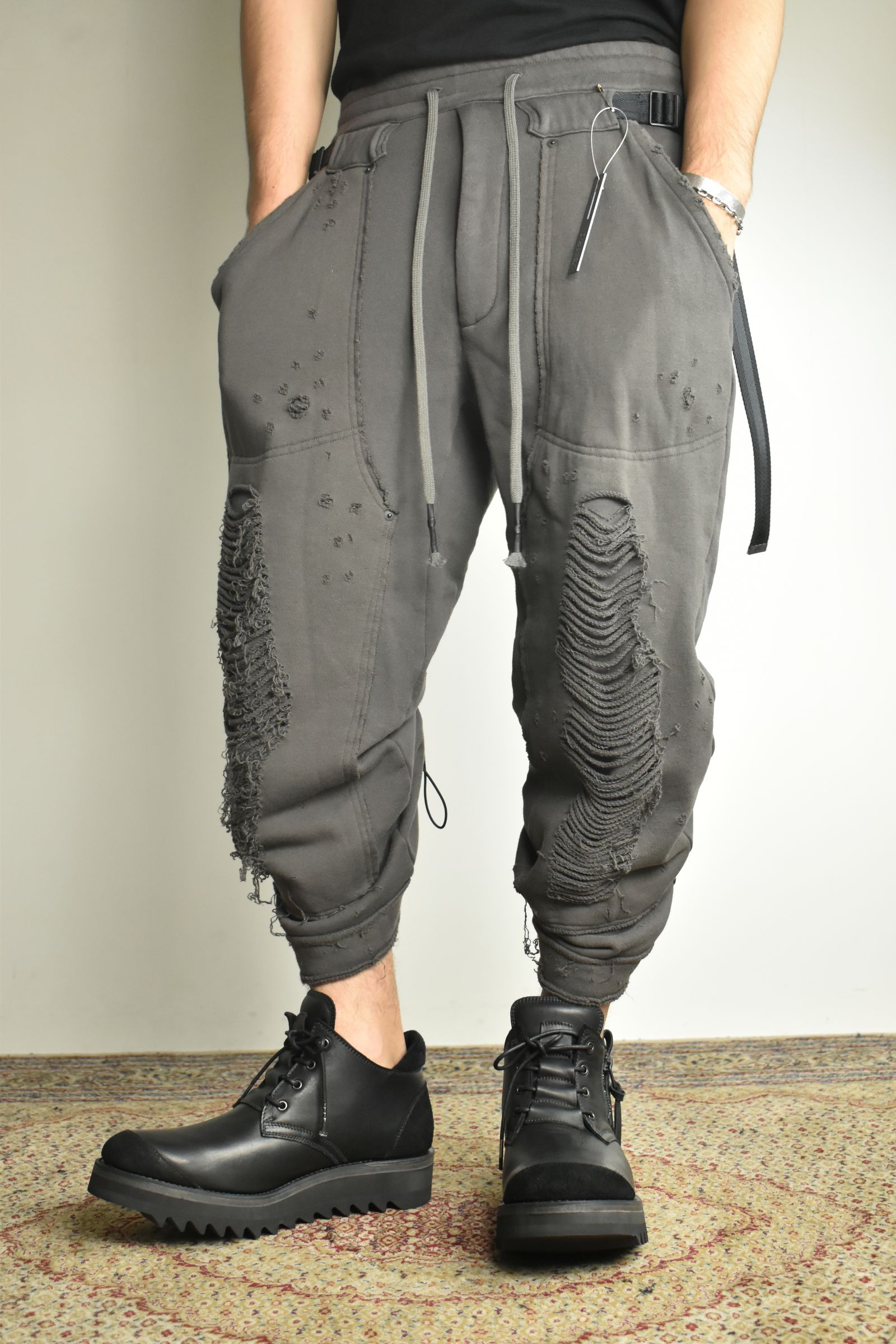 Untwisted Yarn Fleece Shotgun Wide Cropped Pants"Charcoal" / 無撚糸裏毛ショットガンワイドクロップドパンツ"チャコール"