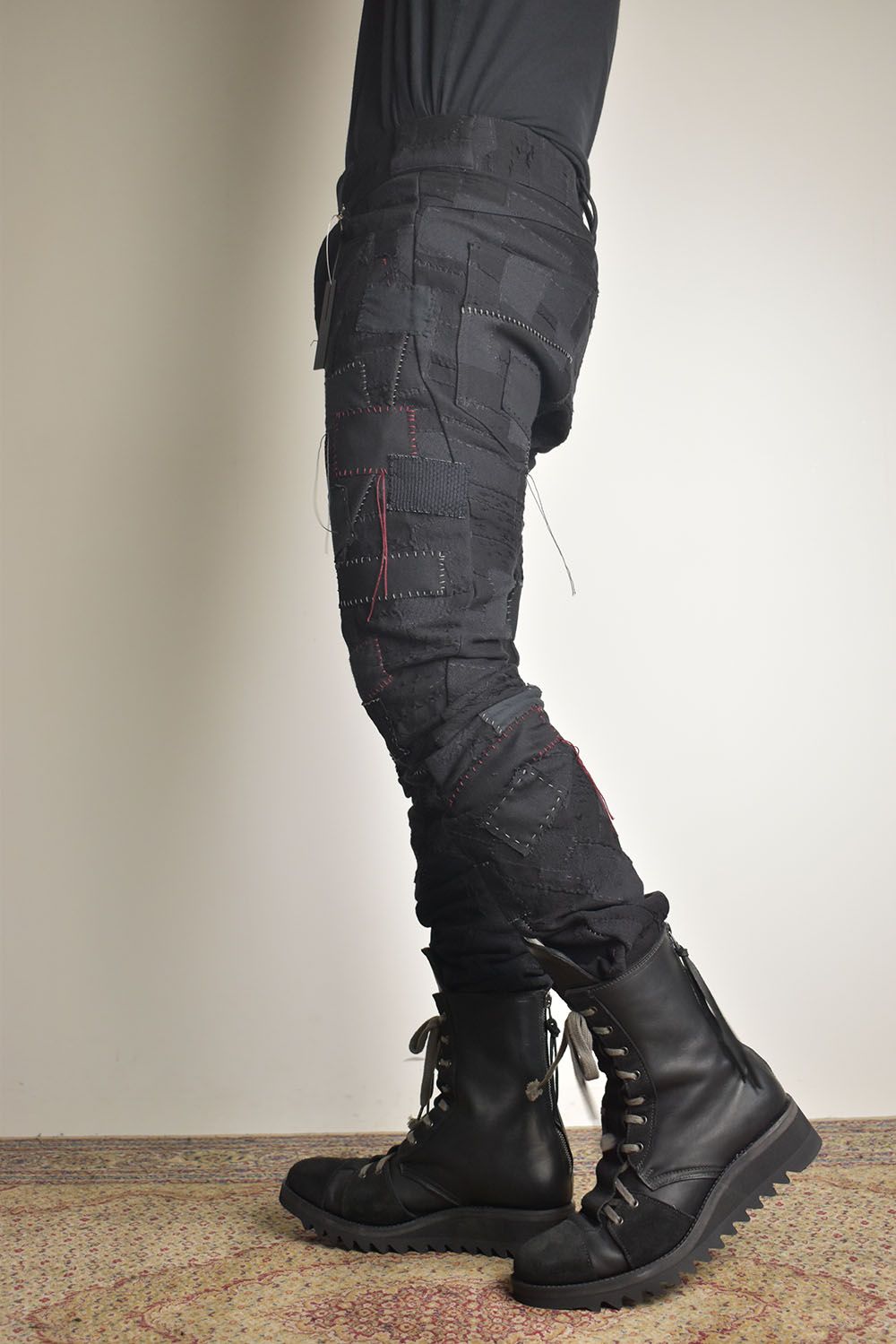 Hand Patchwork Crust Jacquard Overlock Twist Curve Pants "Black" / ハンドパッチワーククラストジャガードオーバーロックツイストカーブパンツ"ブラック"