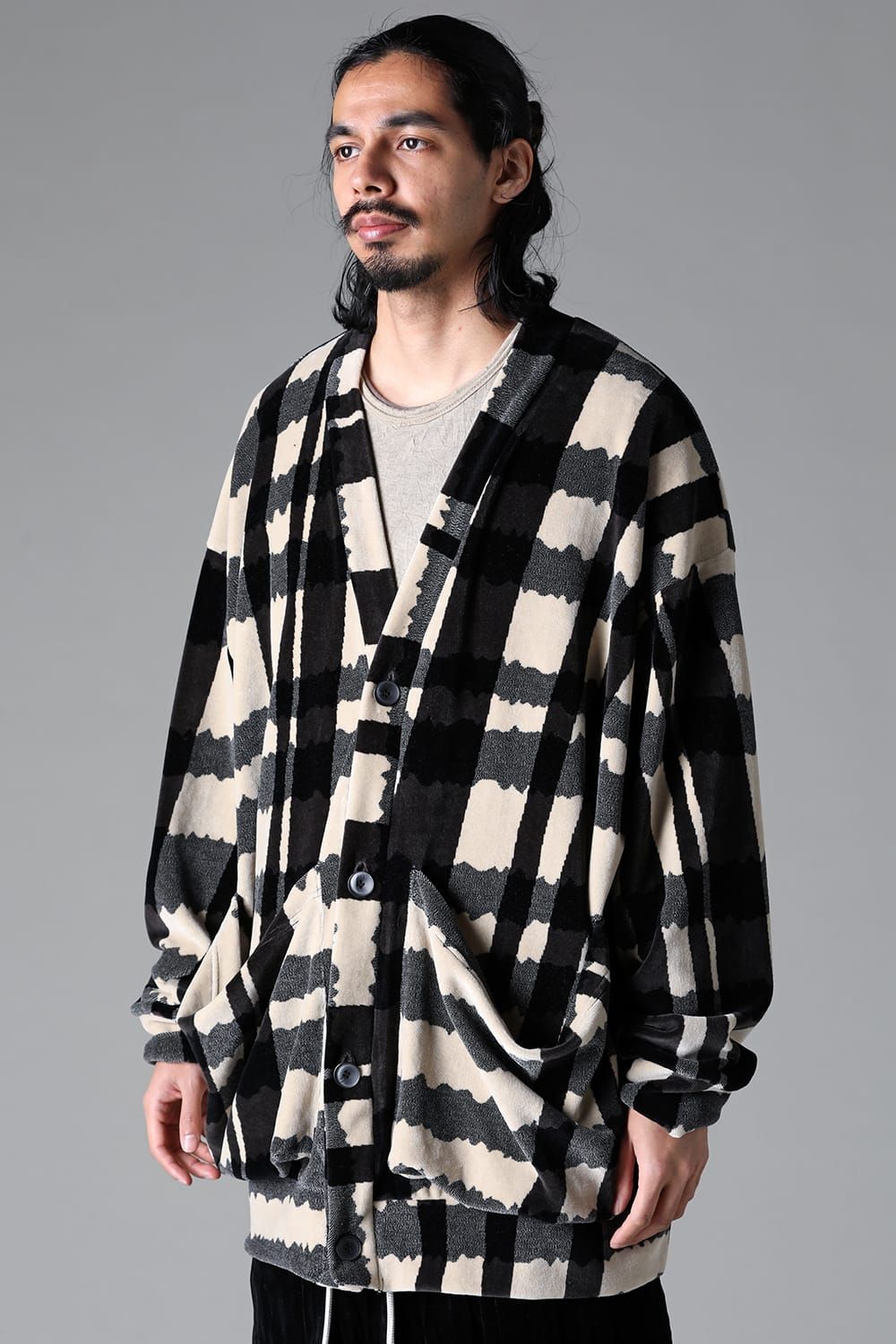 《2025AW先行予約》Checked Pattern Jumbo Cardigan"Black×Grey×Ivory" / チェックパターンジャンボカーディガン"ブラック×グレー×アイボリー"