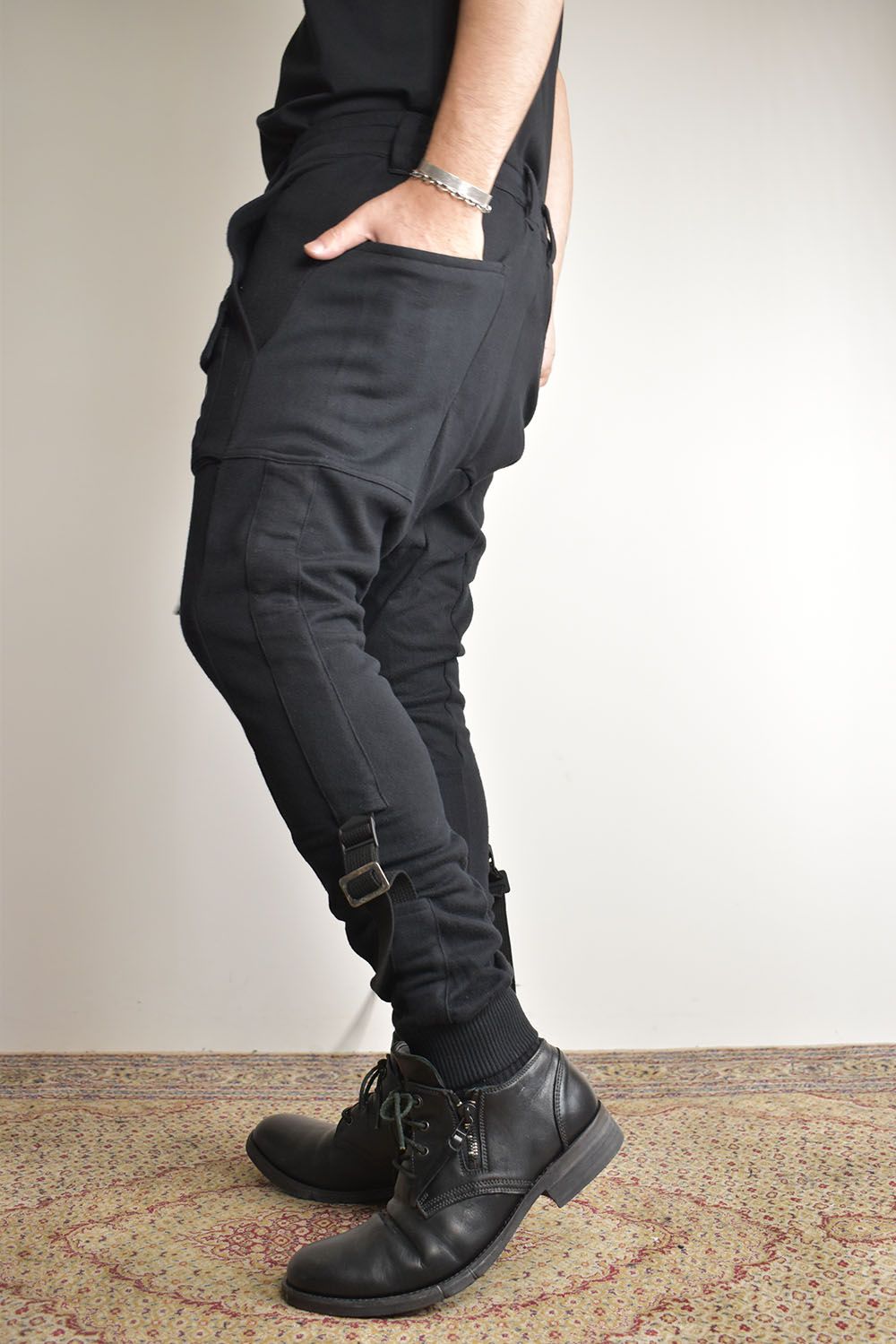 Non-ply Yarn Lined Belt Adjustable Crotch Jog Pants "Black" / 無撚糸裏毛ベルトアジャストロークロッチジョグパンツ"ブラック"