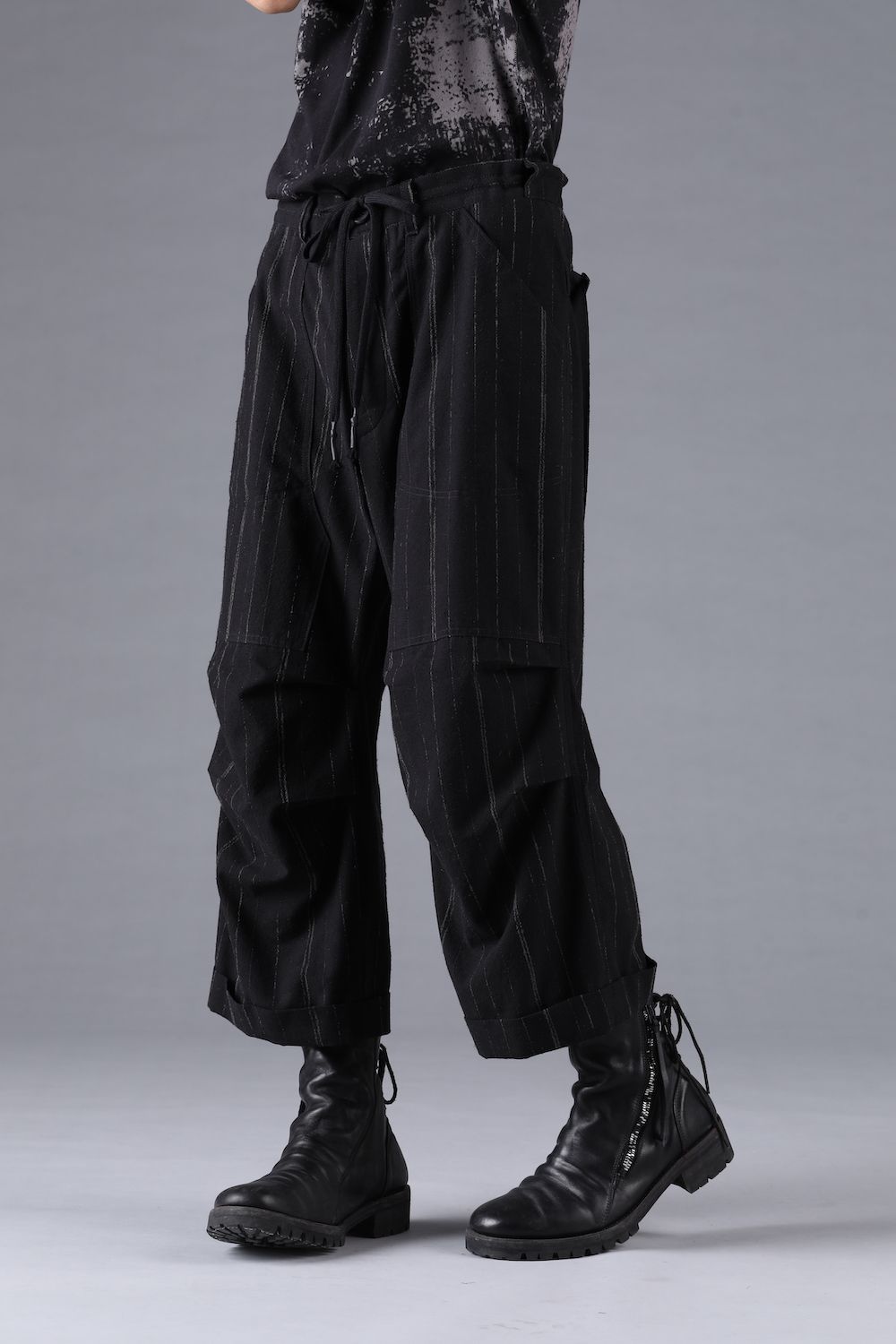 Faded Random Stripe Wide Cropped Pants"Black" / フェードランダムストライプワイドクロップドパンツ"ブラック"