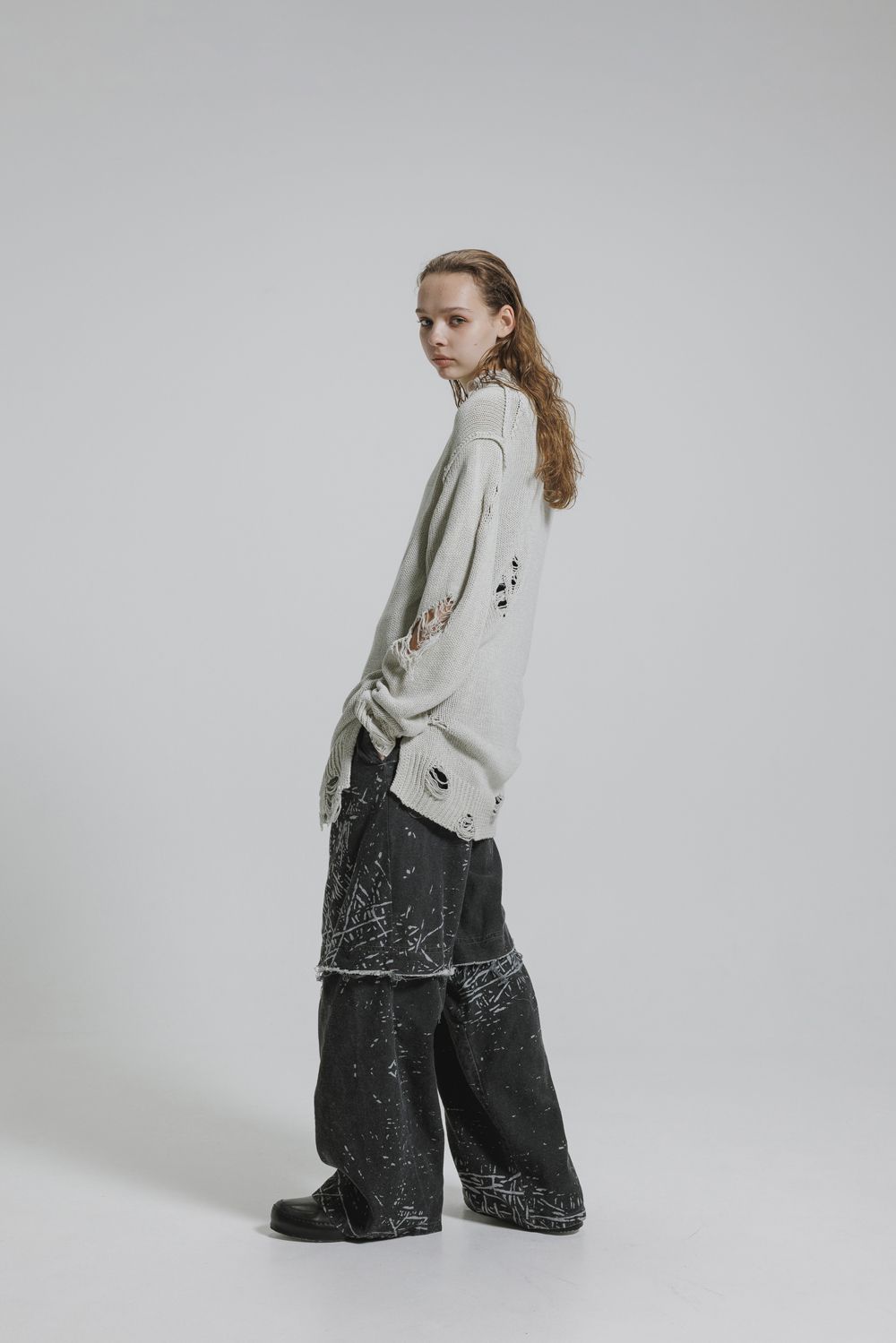 Cotton 3GG Damaged Knit Pullover"Light Grey" / コットン 3GG ダメージニットプルオーバー"ライトグレー"