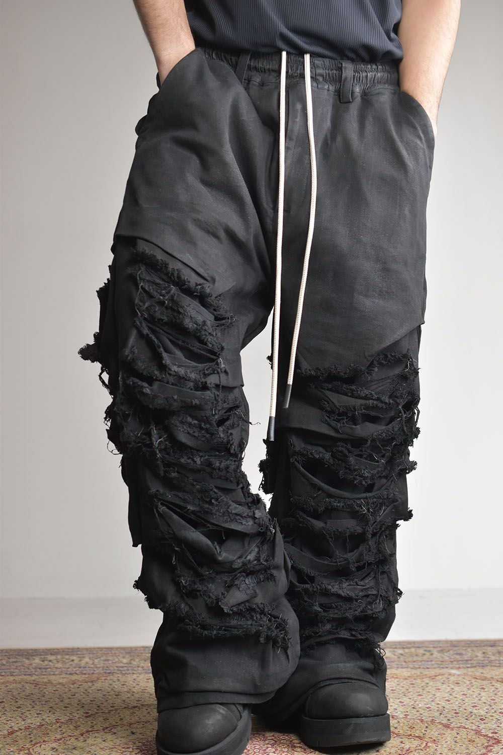 《2025AW先行予約》Damage Denim Tuck Wide Pants"Black"/ダメージデニムタックワイドパンツ"ブラック"