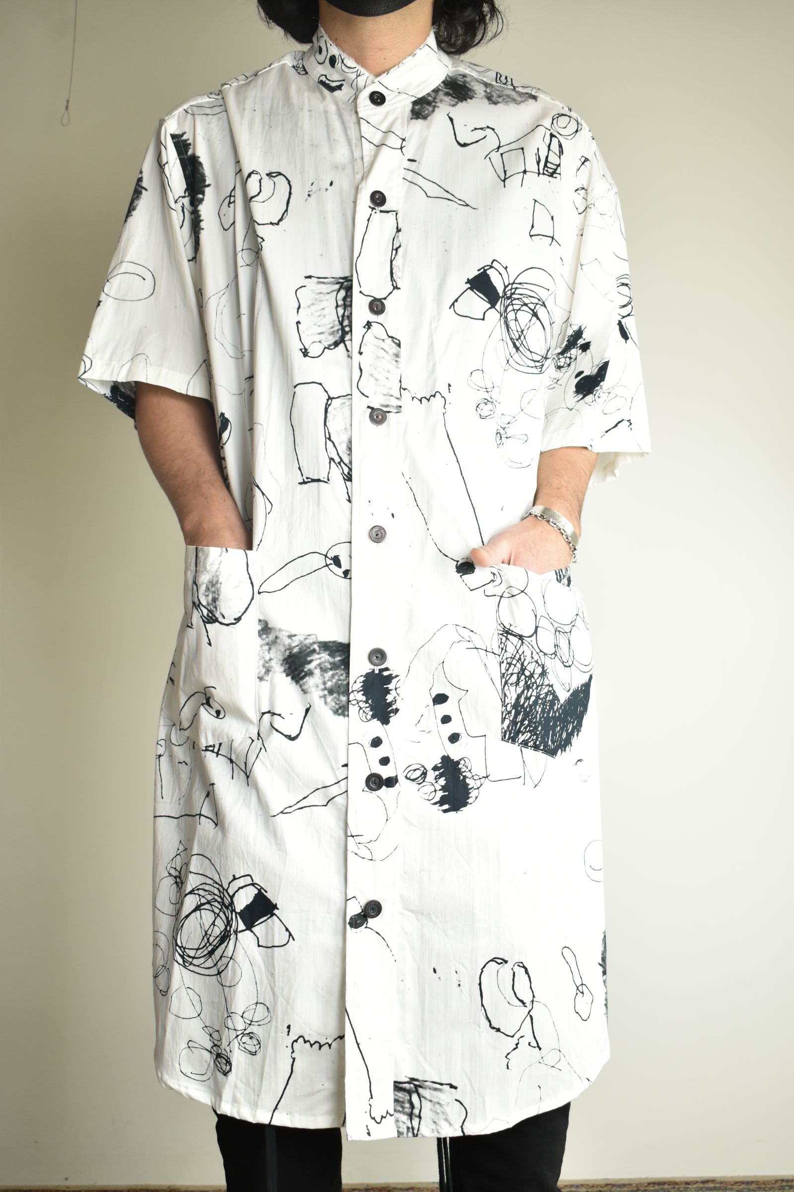 Cotton Twill Ink Jet Short-Sleeved Big Shirt&Dress"White Black" / コットンツイルインクジェット半袖ビッグシャツ / ワンピース"ホワイト ブラック"