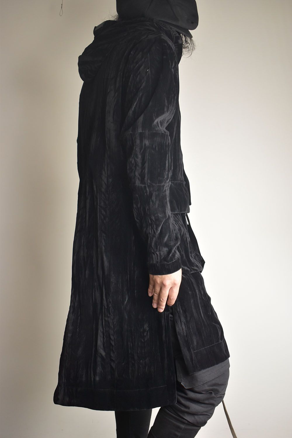 Washer Velour Hooded Long Jacket"Black" / ワッシャーベロアフーデッドロングジャケット"ブラック"