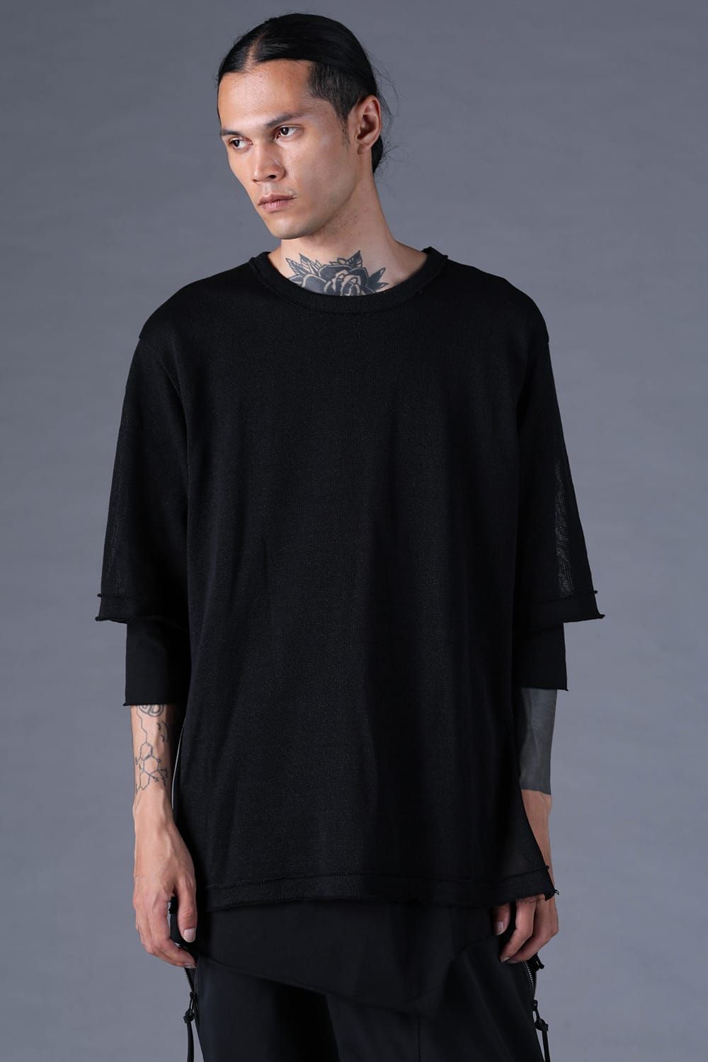 《2027SS先行予約分》Japanese Paper Cotton Knit Layered T-Shirt "Black" / 和紙コットンニットレイヤードTee "ブラック"