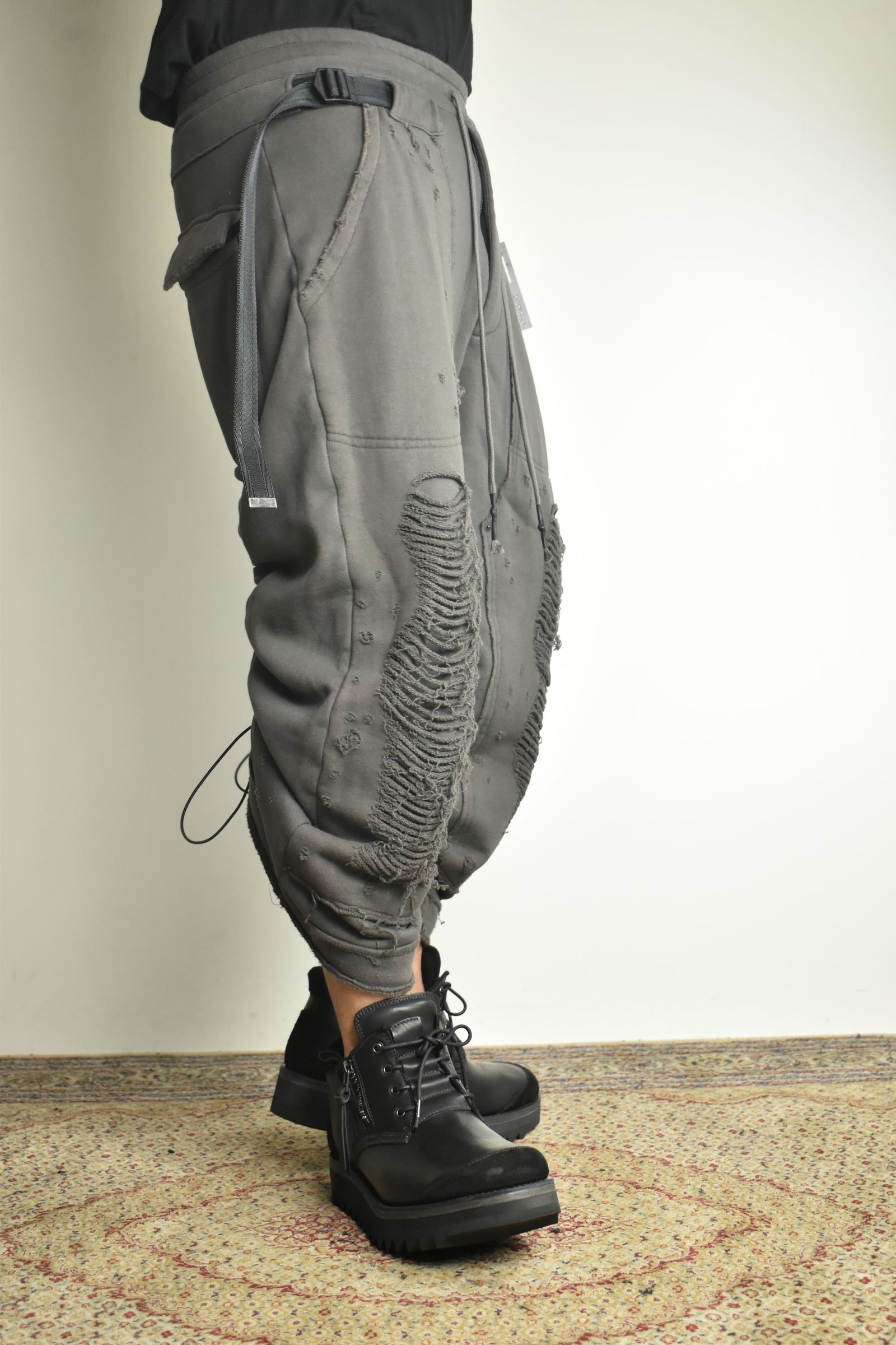 Untwisted Yarn Fleece Shotgun Wide Cropped Pants"Charcoal" / 無撚糸裏毛ショットガンワイドクロップドパンツ"チャコール"