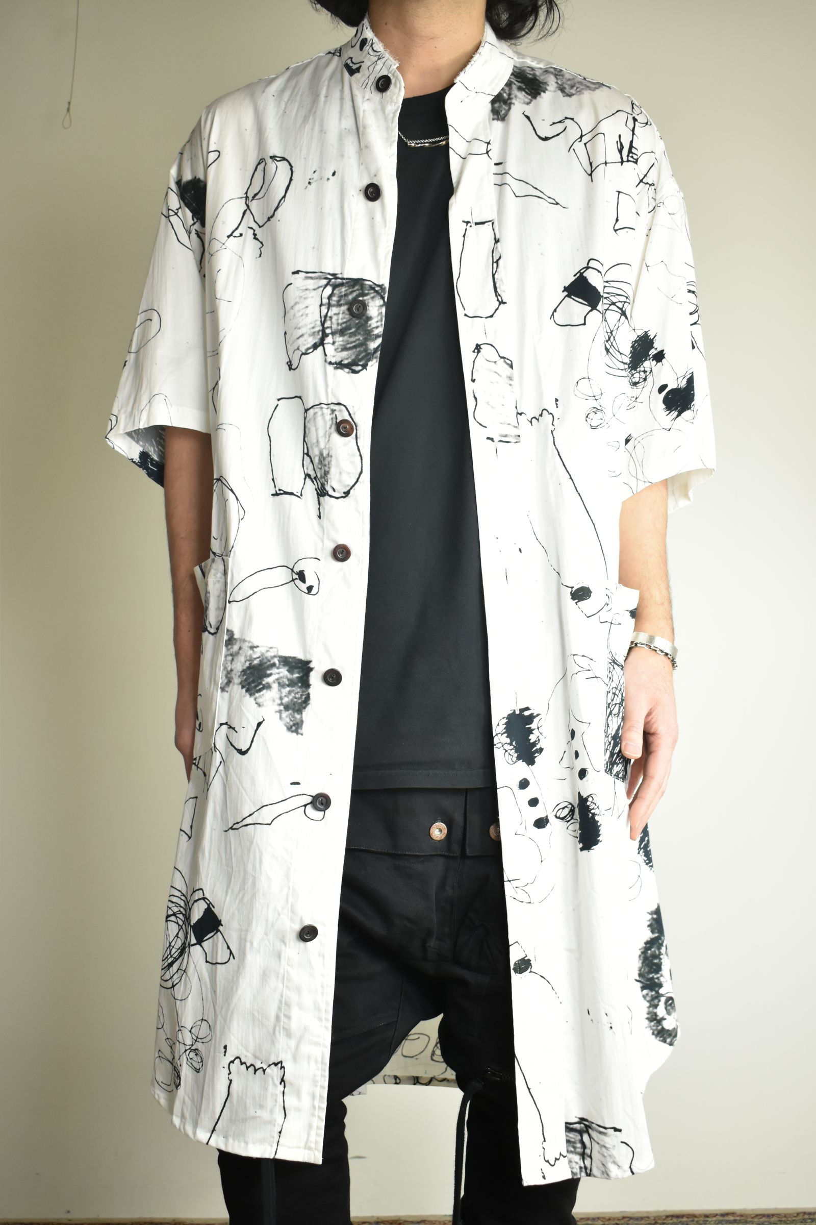 Cotton Twill Ink Jet Short-Sleeved Big Shirt&Dress"White Black" / コットンツイルインクジェット半袖ビッグシャツ / ワンピース"ホワイト ブラック"
