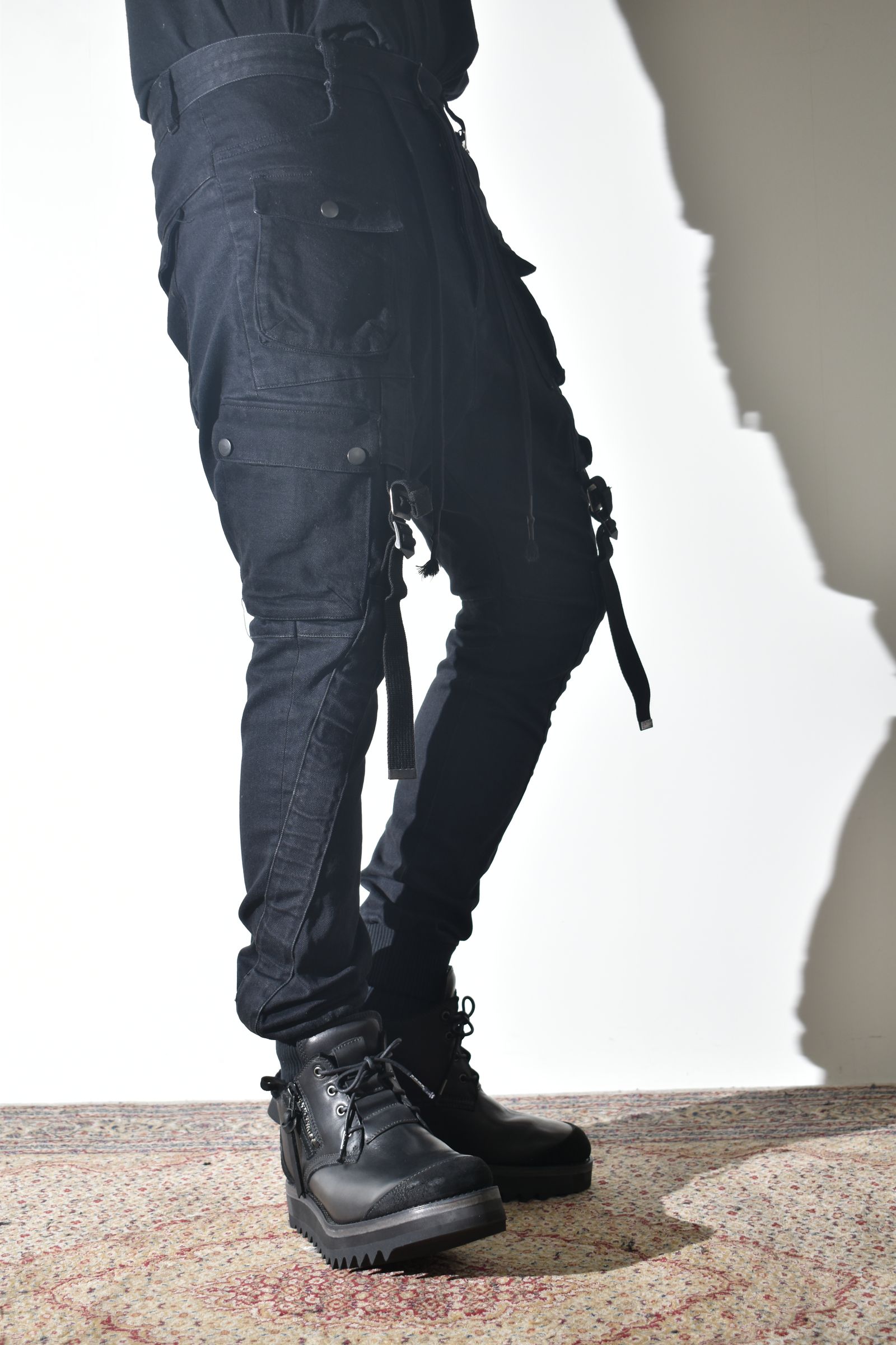 Stretch Denim Belt-Adjustable Cargo Jogger Pants"Black" / ストレッチデニムベルトアジャストカーゴジョグパンツ"ブラック"
