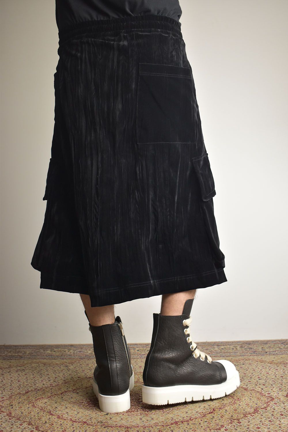 Washer Velour Wrap Skirt Pants"Black" / ワッシャーベロアラップスカートパンツ"ブラック"