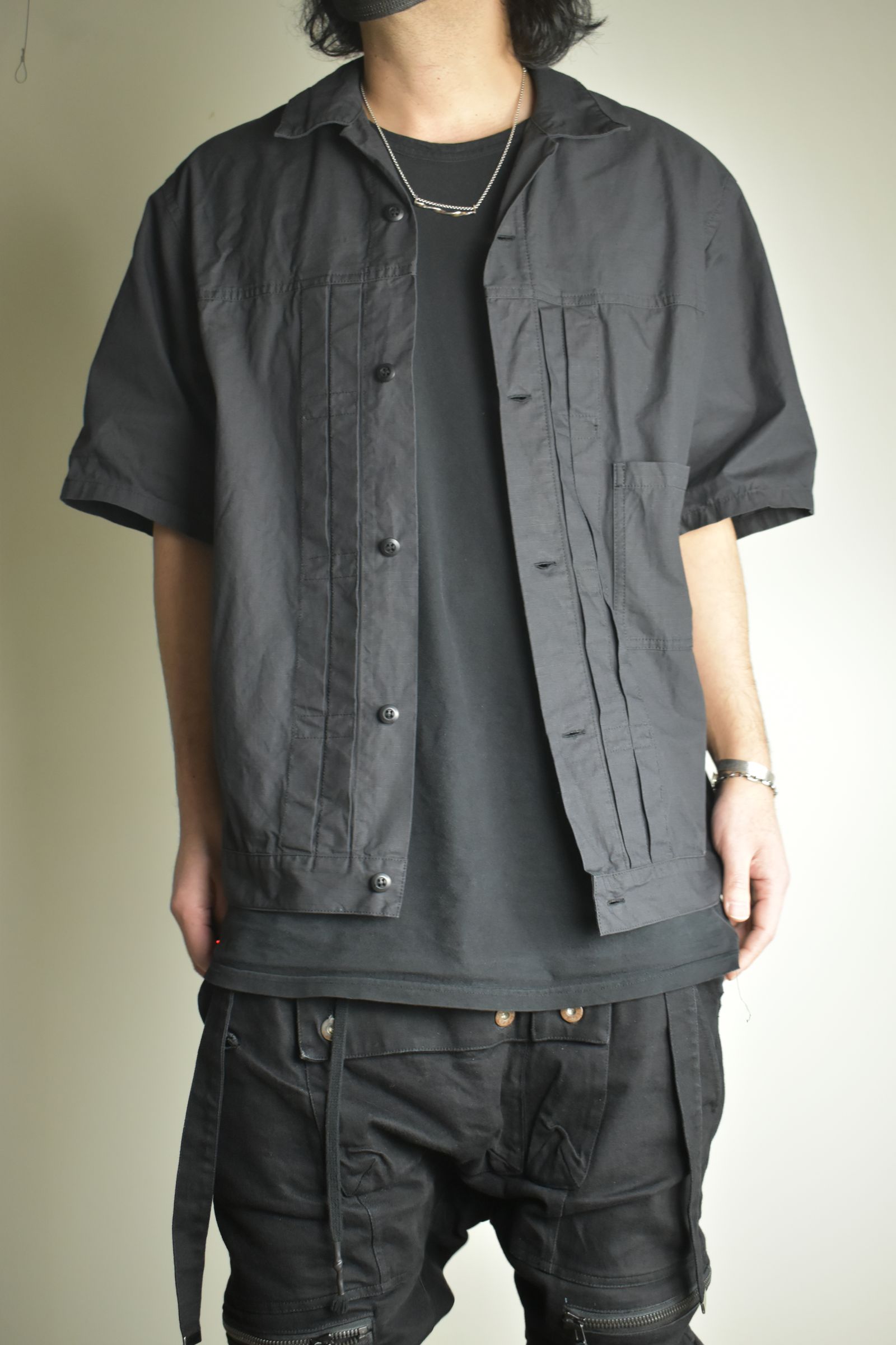 Rip Stop Open Collar Shirt"Black" / リップストップオープンカラーシャツ"Black"