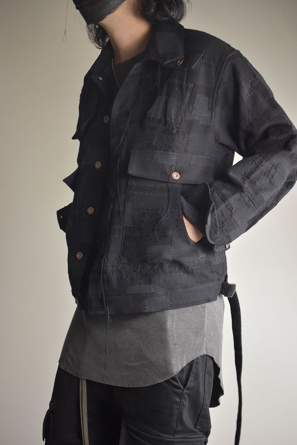 Crust Patchwork Jacquard Hood Attached Jacket "Black" / クラストパッチワークジャガードフードアタッチドジャケット"ブラック"