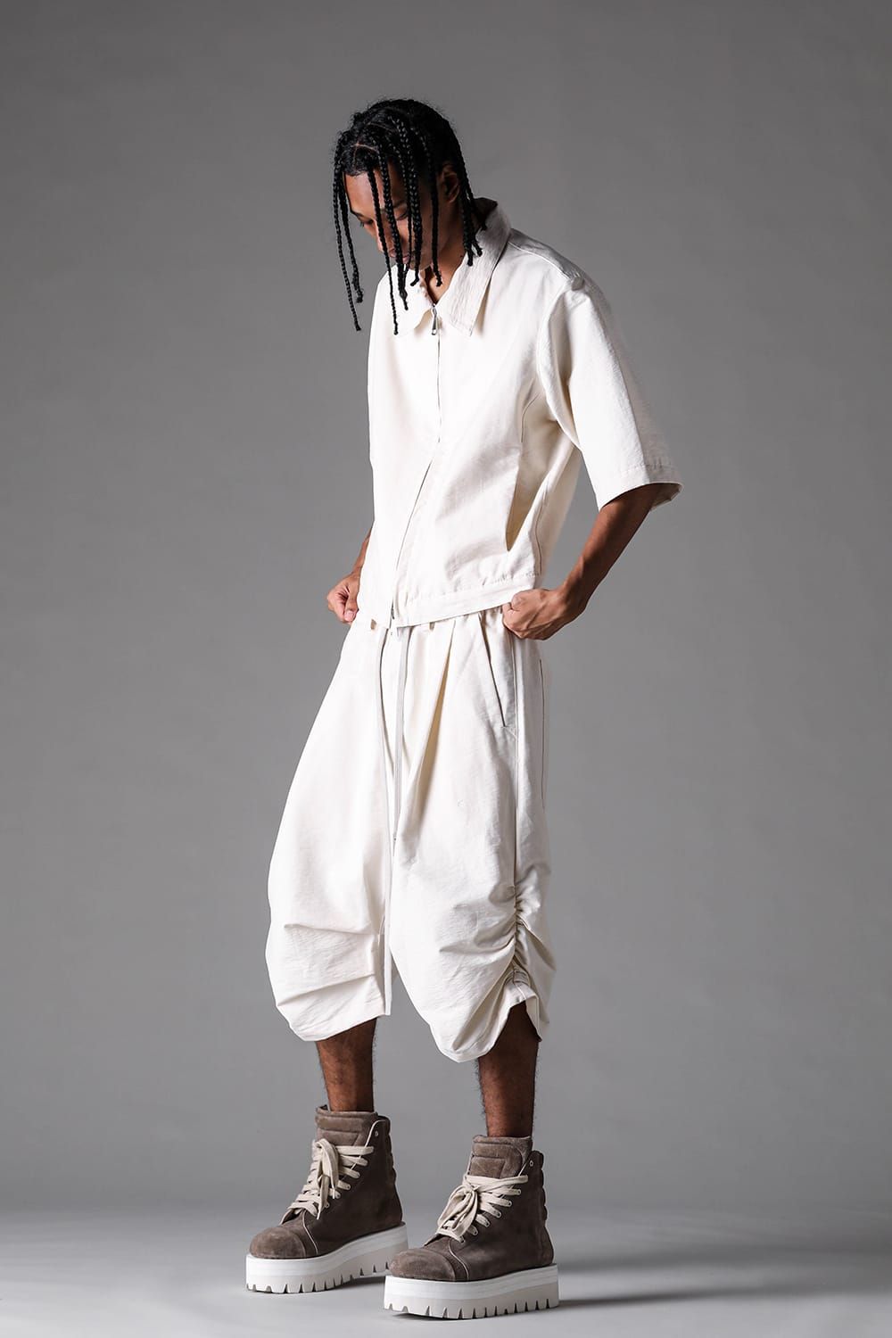 《2027SS先行予約》Cotton Nylon Side Gather Shorts"Black / Ivory / D.khaki" / コットンナイロンサイドギャザーショーツ"ブラック / アイボリー /ダークカーキ"