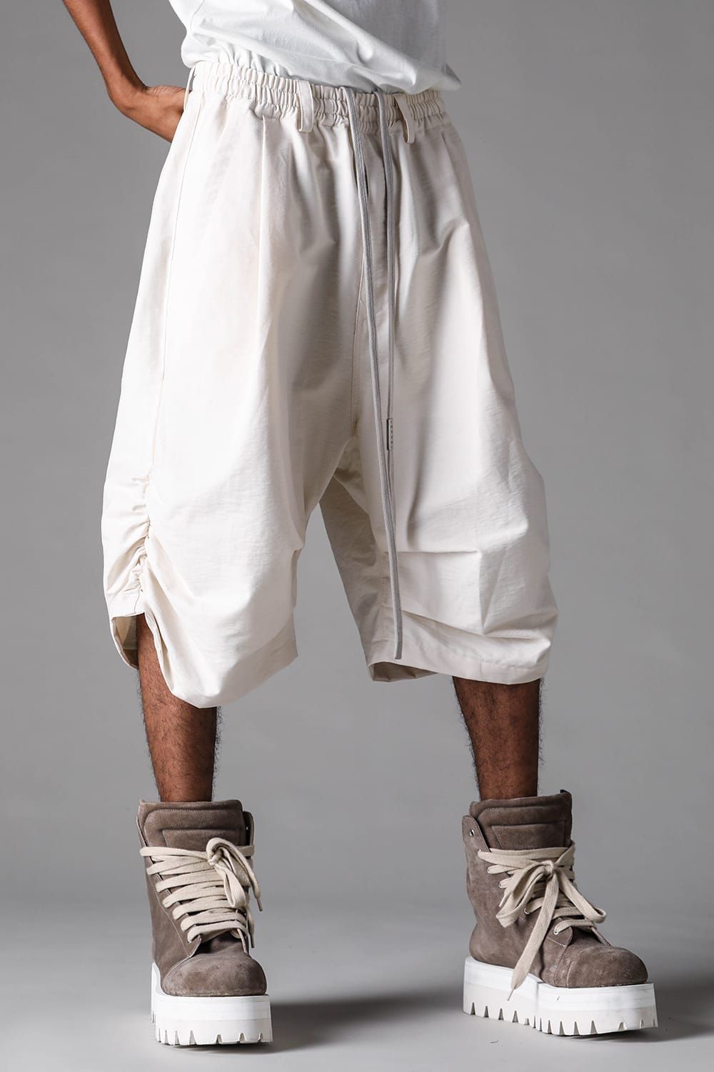 《2027SS先行予約》Cotton Nylon Side Gather Shorts"Black / Ivory / D.khaki" / コットンナイロンサイドギャザーショーツ"ブラック / アイボリー /ダークカーキ"