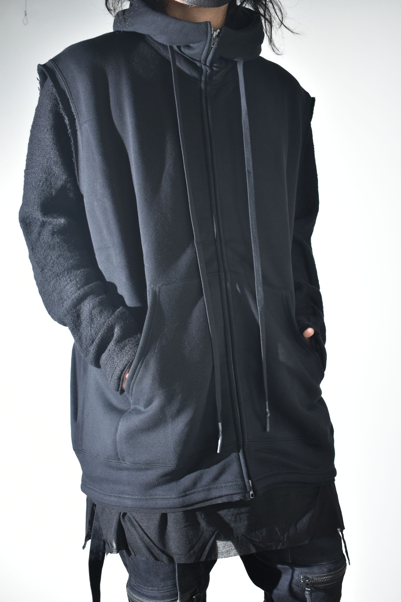 Over Size Sleeve Less Zip Up Parker"Black" / オーバーサイズスリーブレスジップアップパーカー"ブラック"