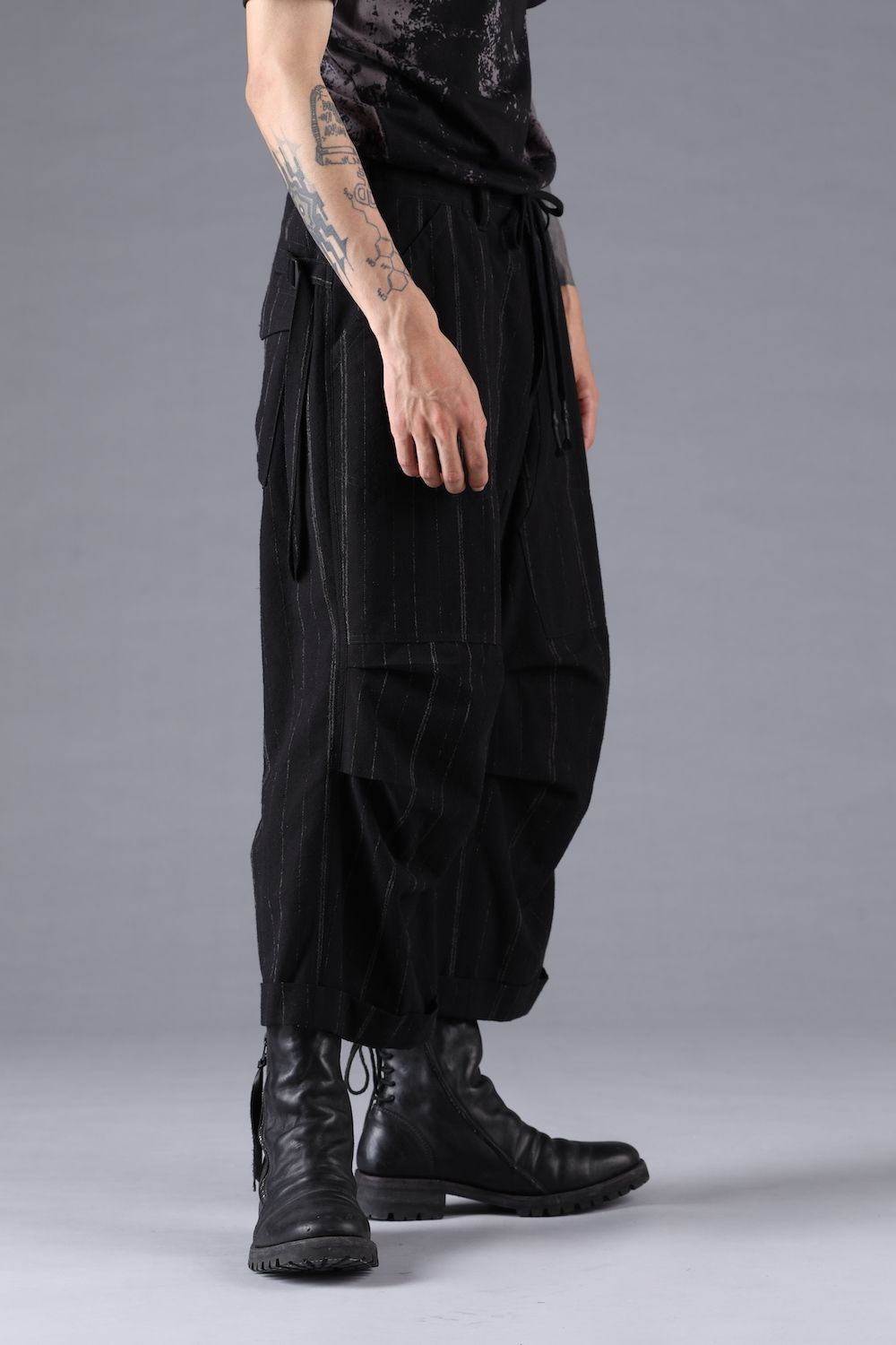 Faded Random Stripe Wide Cropped Pants"Black" / フェードランダムストライプワイドクロップドパンツ"ブラック"