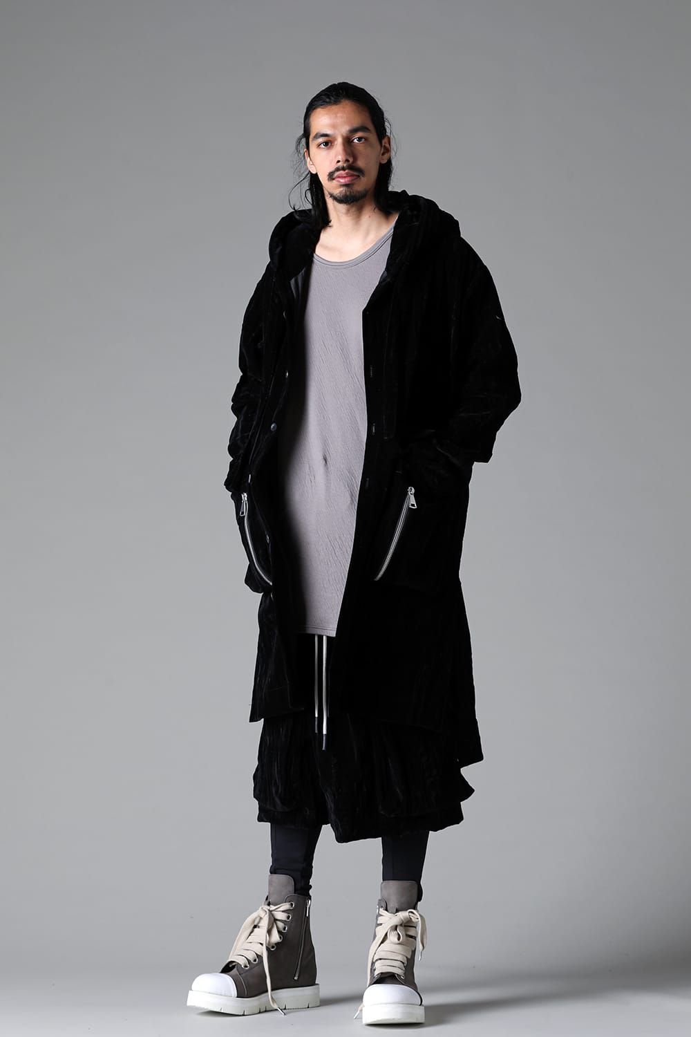 《2025AW先行予約》Washer Velour Hooded Long Jacket"Black" / ワッシャーベロアフーデッドロングジャケット"ブラック"