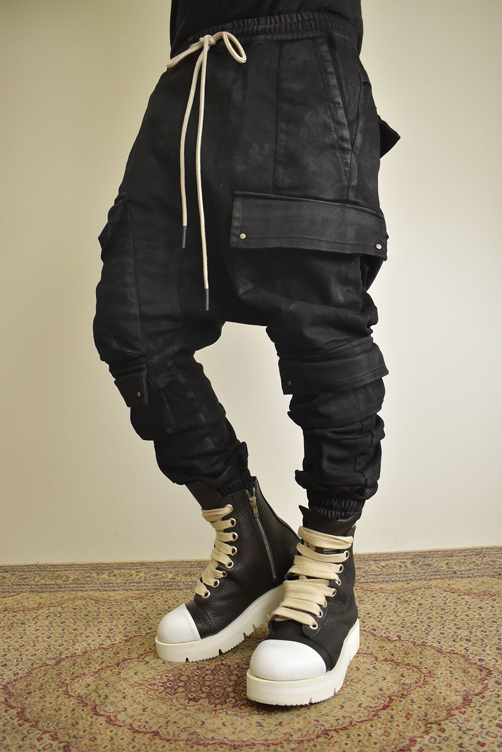Coating Bonding Sarouel Cargo Jogger Denim"Black" / コーティングボンディングサルエルカーゴジョガーデニム"ブラック"