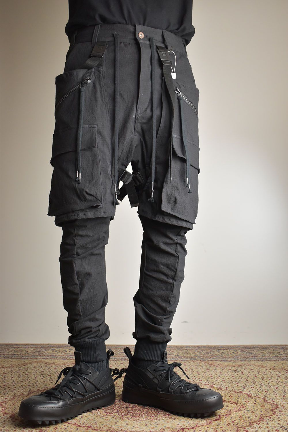 Ripstop Detachable Shorts Layered Cargo Jog Pants"Black" / リップストップデタッチャブルショーツレイヤードカーゴジョグパンツ"ブラック"