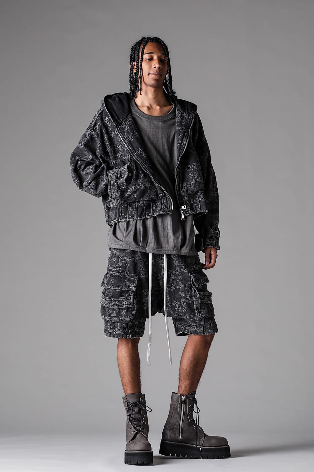 《2027SS先行予約》Jacgurd Denim Hoodie Blouson "Black / Blue" / ジャガードデニムフーディブルゾン"ブラック/ブルー"