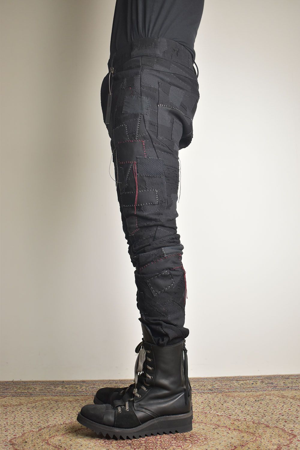 Hand Patchwork Crust Jacquard Overlock Twist Curve Pants "Black" / ハンドパッチワーククラストジャガードオーバーロックツイストカーブパンツ"ブラック"