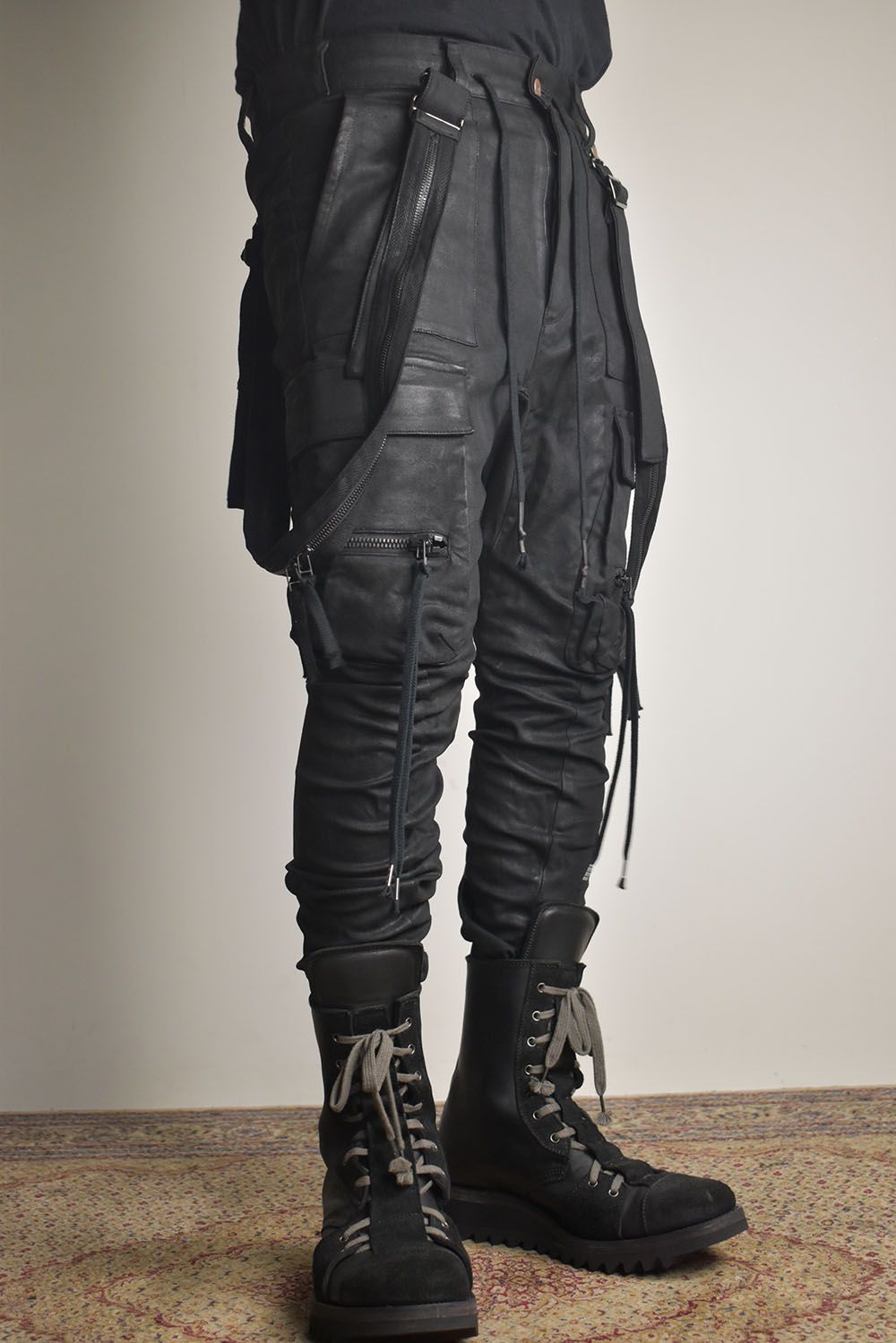 Product Coated Suspenders Cargo Jog Pants "Black" / 製品コーティングサスペンダーベルトカーゴジョグパンツ"ブラック"
