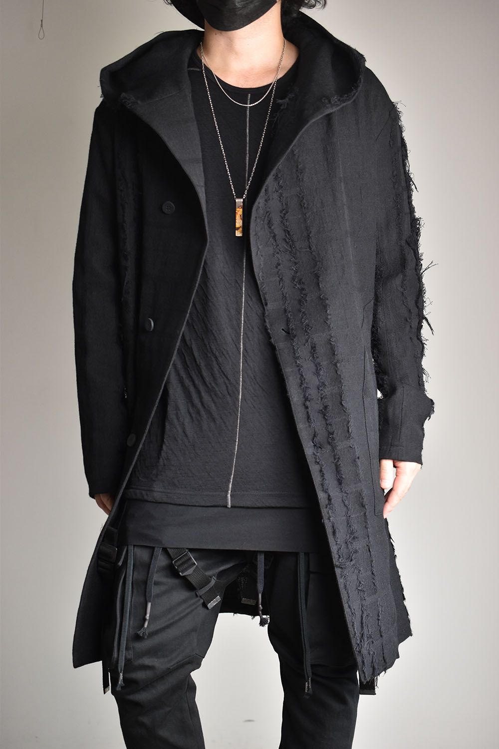 Wool SCAB Broken Stripe Jacquard Hooded Half Coat"Black/"ウールSCABブロークンストライプジャガードフーデットハーフコート"ブラック"