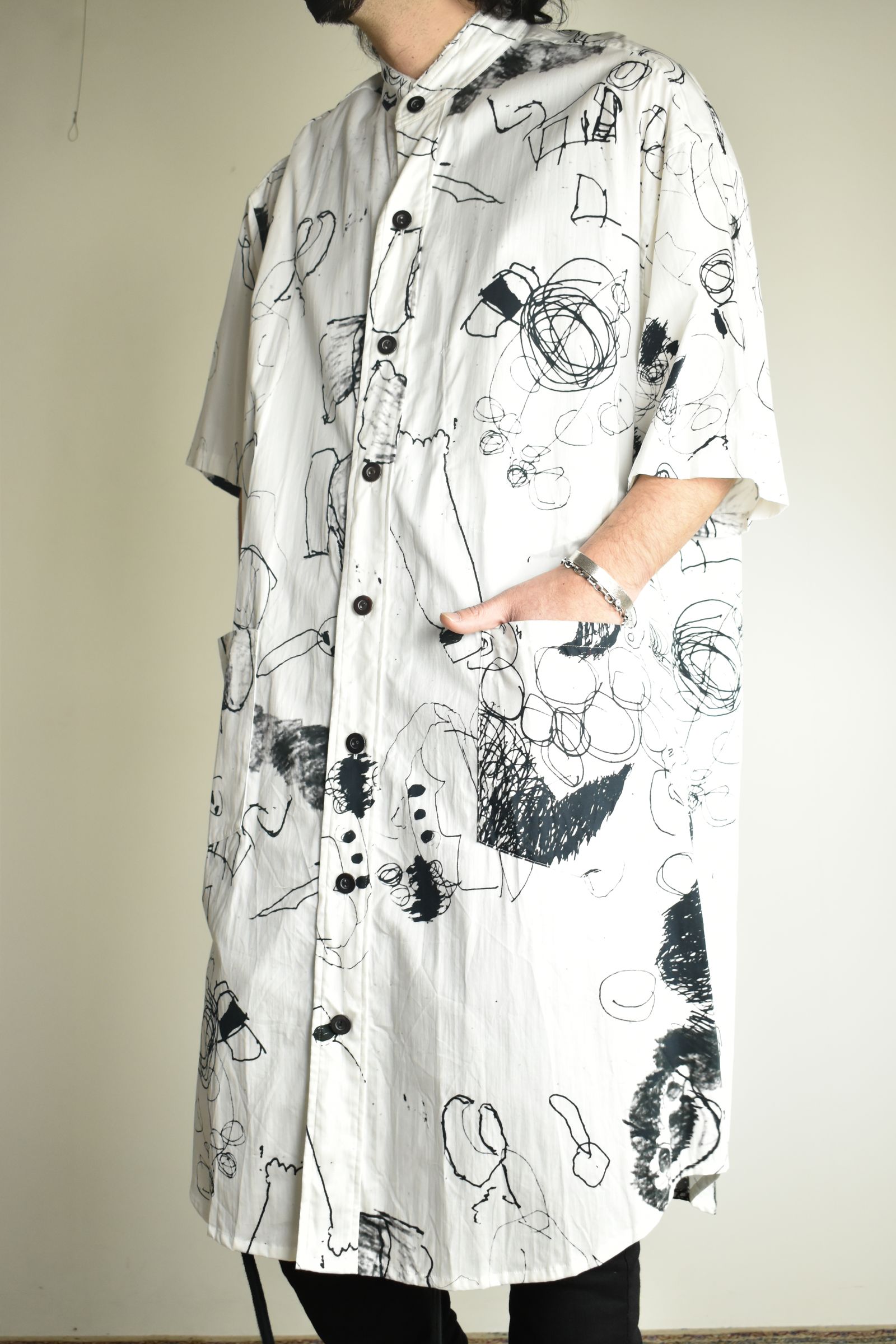 Cotton Twill Ink Jet Short-Sleeved Big Shirt&Dress"White Black" / コットンツイルインクジェット半袖ビッグシャツ / ワンピース"ホワイト ブラック"