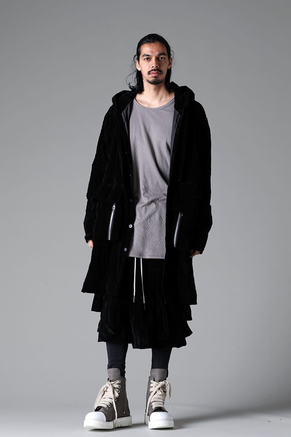 《2025AW先行予約》Washer Velour Hooded Long Jacket"Black" / ワッシャーベロアフーデッドロングジャケット"ブラック"