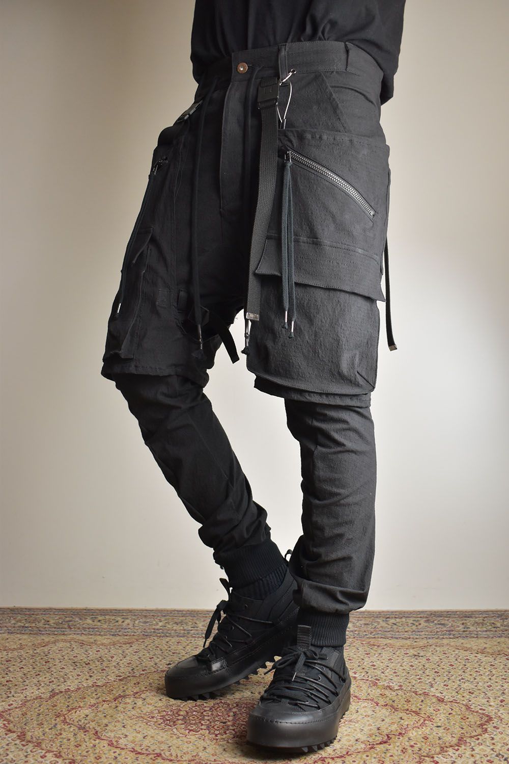 Ripstop Detachable Shorts Layered Cargo Jog Pants"Black" / リップストップデタッチャブルショーツレイヤードカーゴジョグパンツ"ブラック"