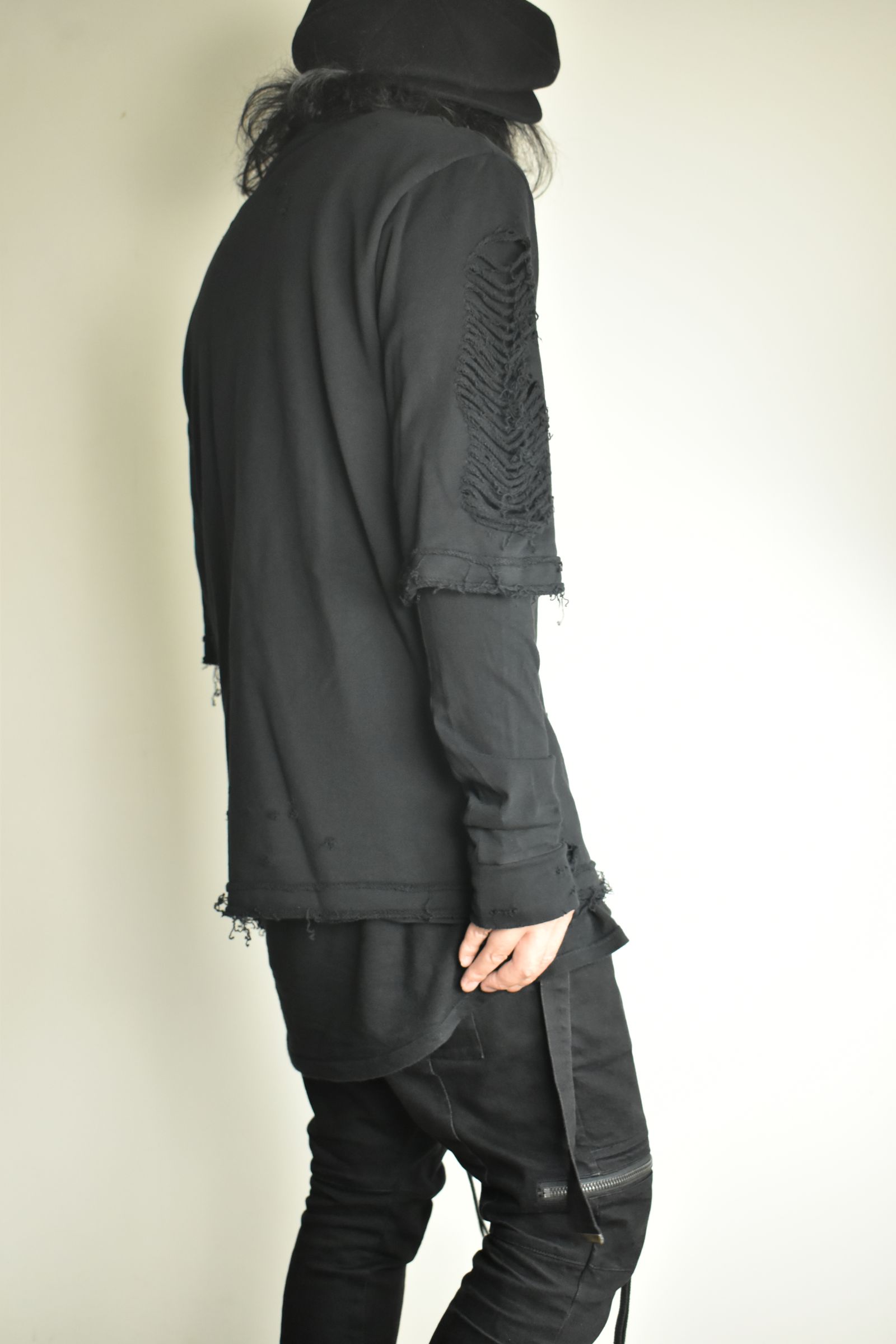 Sweat Shotgun Damage Layered Tee"Black" / 裏毛ショットガンダメージレイヤードTee"ブラック"