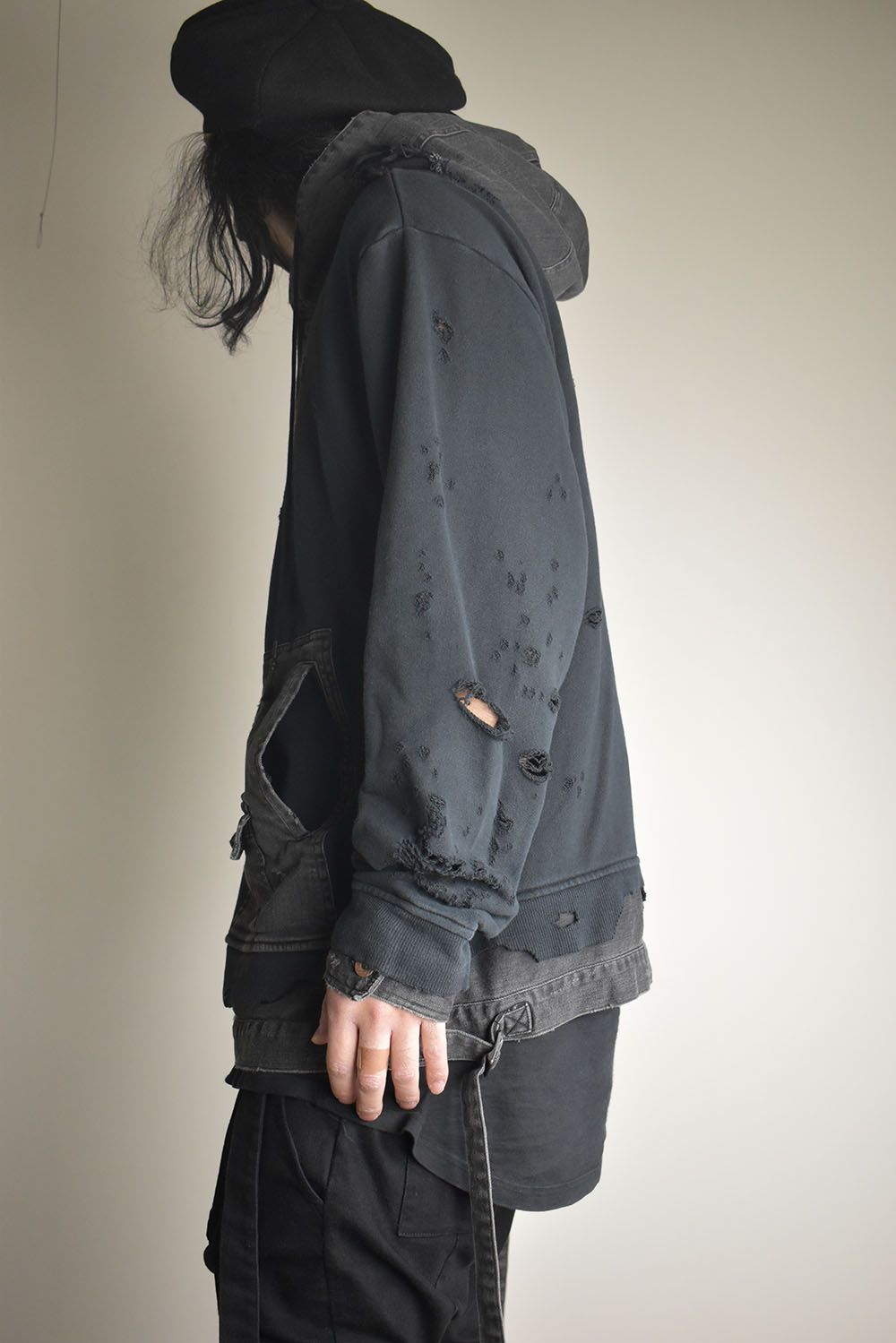 Denim Combination Non-Twisted Yarn Lined Oversized Pullover Hoodie"Black" / デニムコンビネーション無撚糸裏毛オーバーサイズプルオーバーフーディー"ブラック"