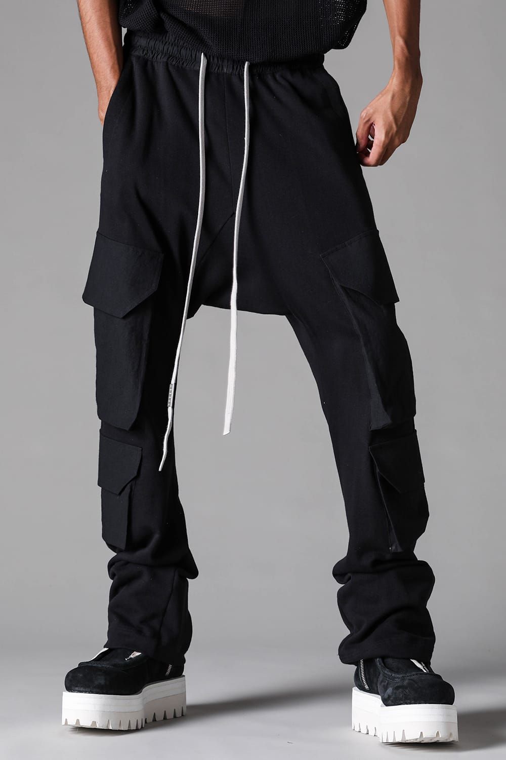 《2027SS先行予約》Lightweight French Terry Sarrouel Flare Cargo Pants"Black" / ミニ裏毛サルエルフレアカーゴパンツ"ブラック"