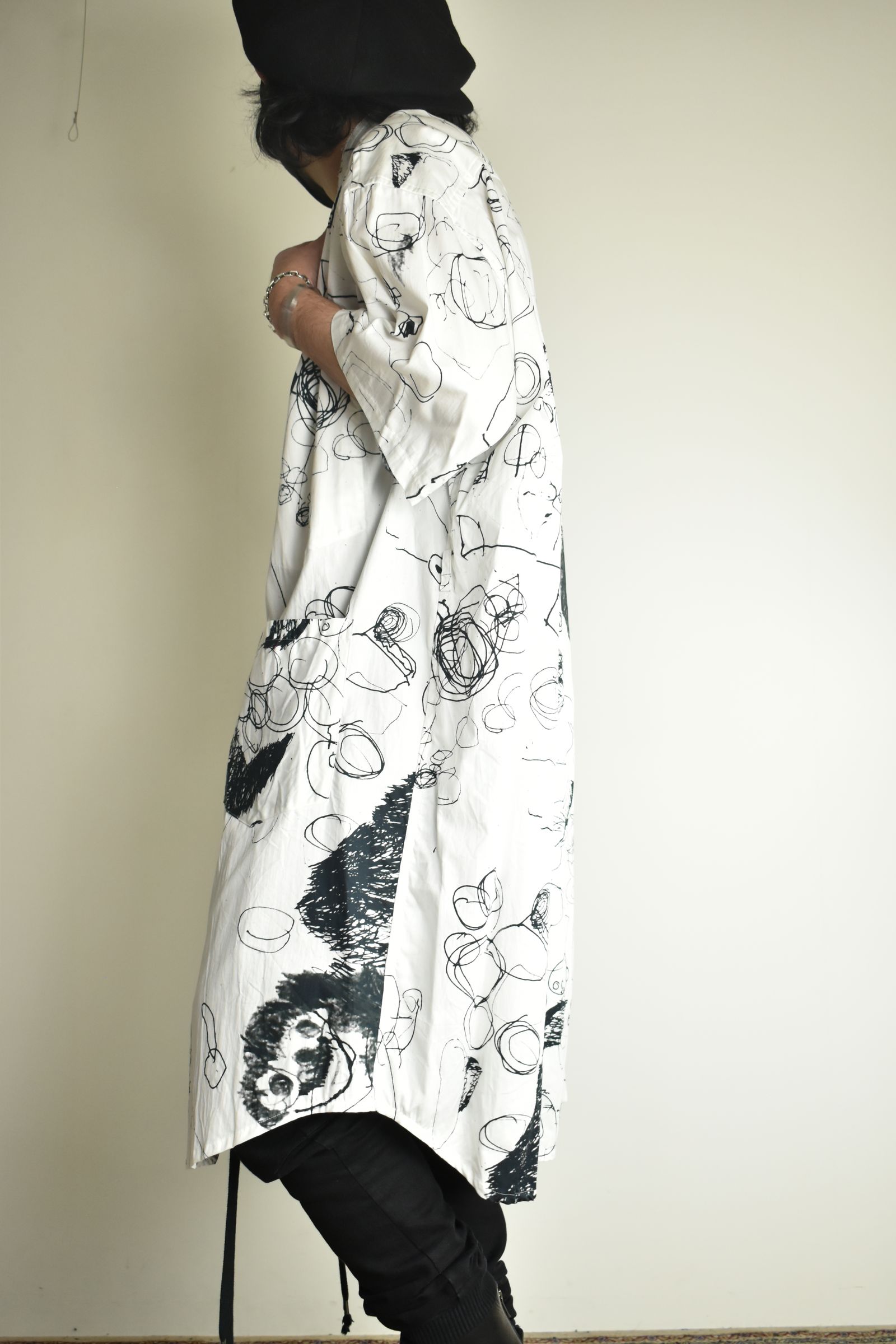 Cotton Twill Ink Jet Short-Sleeved Big Shirt&Dress"White Black" / コットンツイルインクジェット半袖ビッグシャツ / ワンピース"ホワイト ブラック"