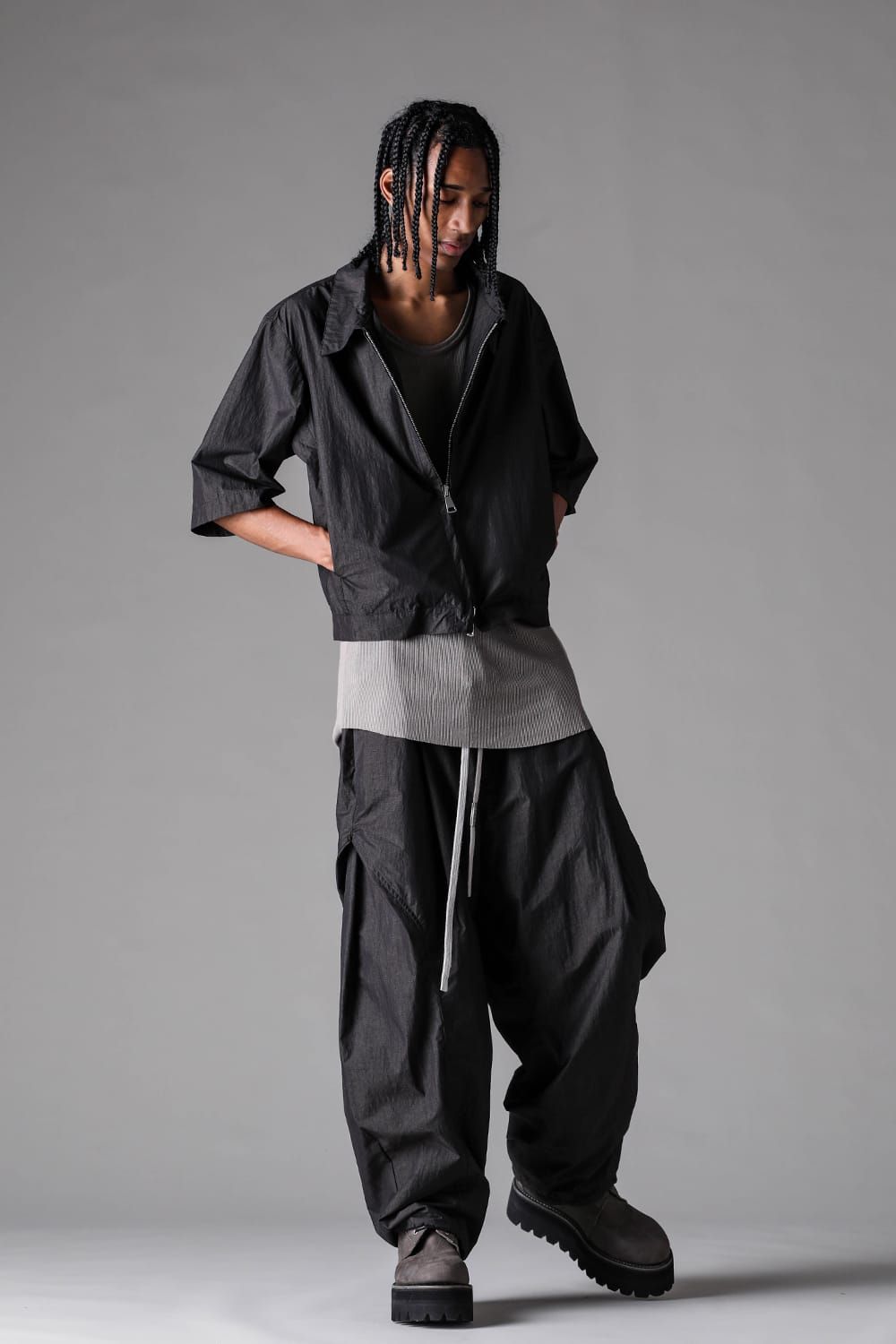 《2027SS先行予約》Cotton Nylon Zip Half Sleeve Shirts"Black" / コットンナイロンジップハーフスリーブシャツブラック"