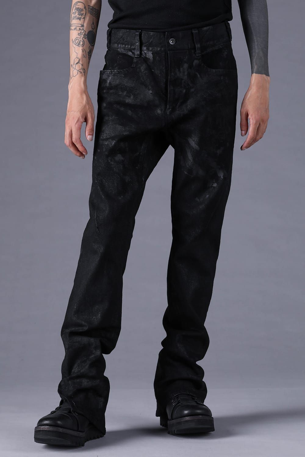 《2027SS先行予約分》Product Coated Stretch Denim Flared Slim Pants"Black" / 製品コーティングストレッチデニムフレアスリムパンツ"ブラック"