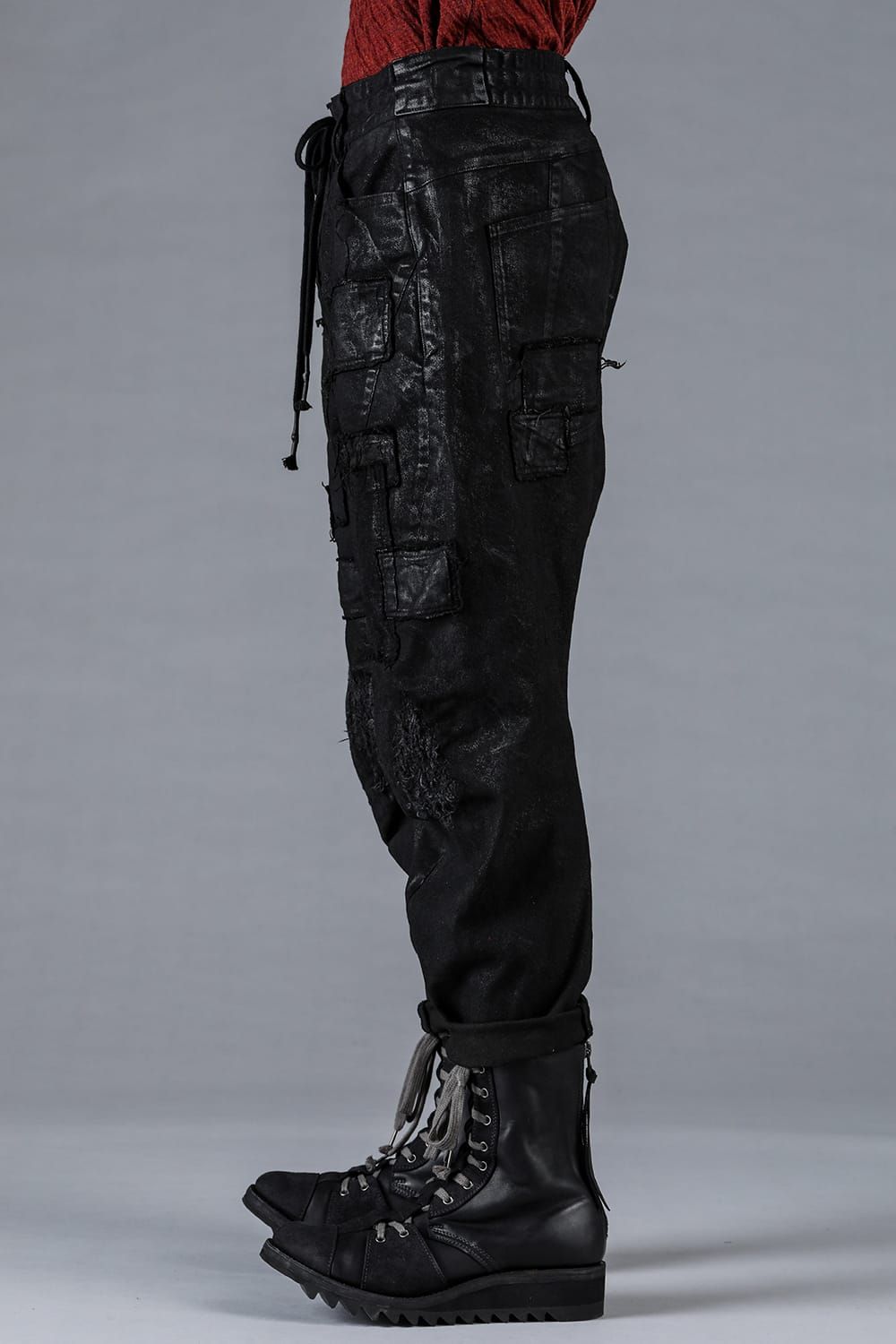 Product Coating Stretch Denim Damage Repair Cropped Pants “Black / 製品コーティングストレッチデニムダメージリペアクロップドパンツ"ブラック"