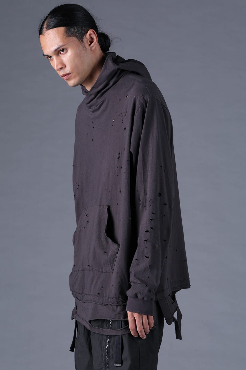 《2027SS先行予約分》Soft Cotton Jersey Shotgun-Damage Hoodie"Charcoal" / ソフトコットンジャージショットガンダメージフーディー"チャコール"