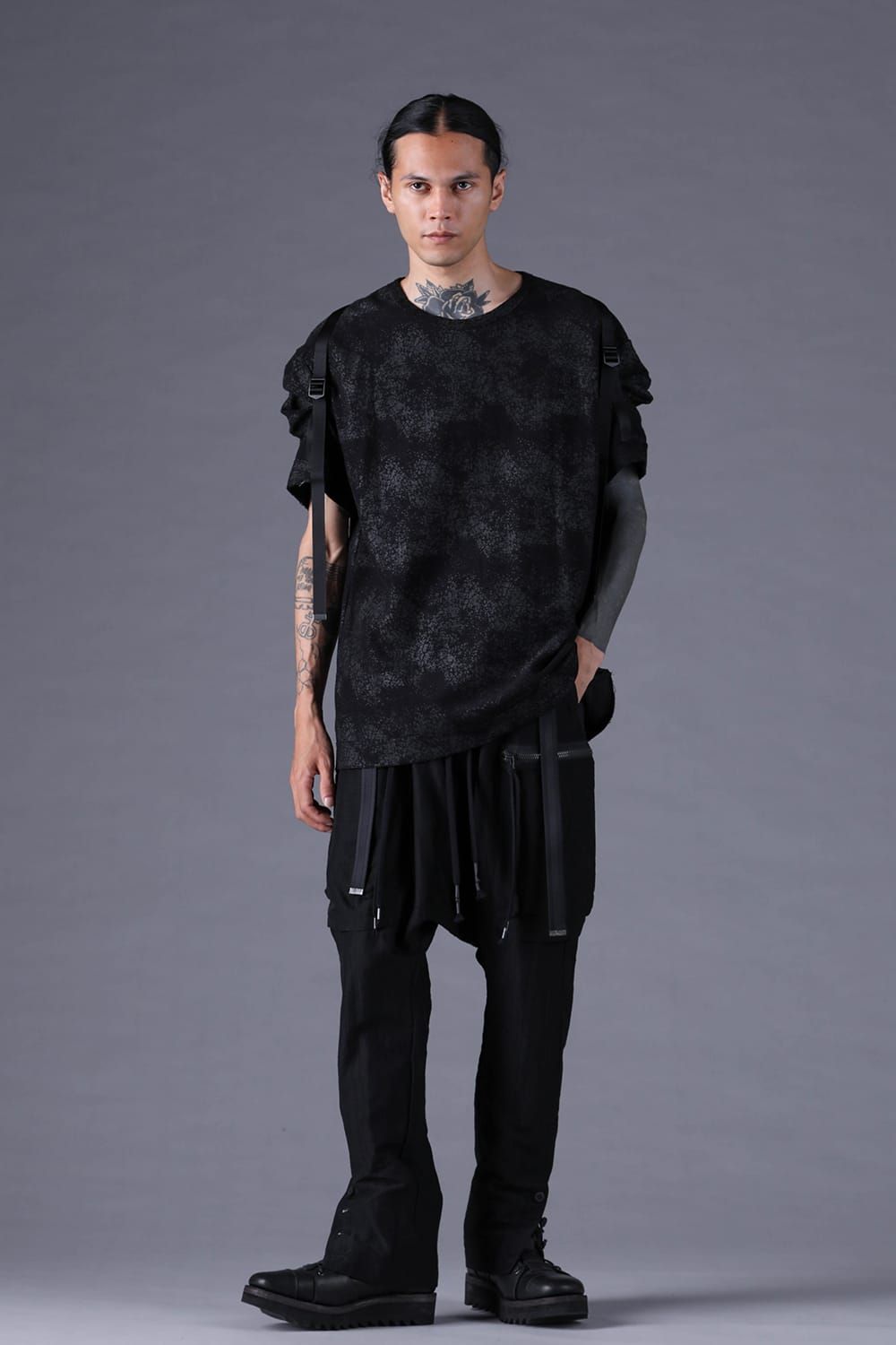 《2027SS先行予約分》Crack-Coated Jersey Belt-Adjustable S/S T-Shirt"Black" / クラックコーティングジャージーベルトアジャストショートスリーブTee"ブラック"