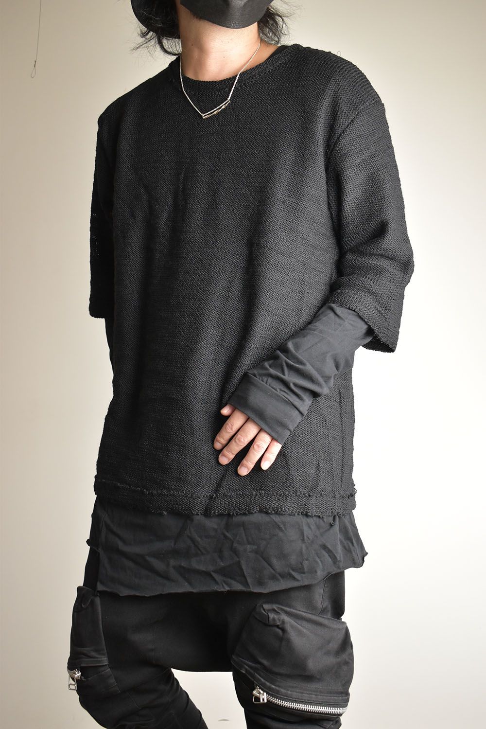 Low Gauge Knit and Cotton Jersey Layered T-Shirt "Black" / ローゲージニット×コットンジャージレイヤードTシャツ"ブラック"