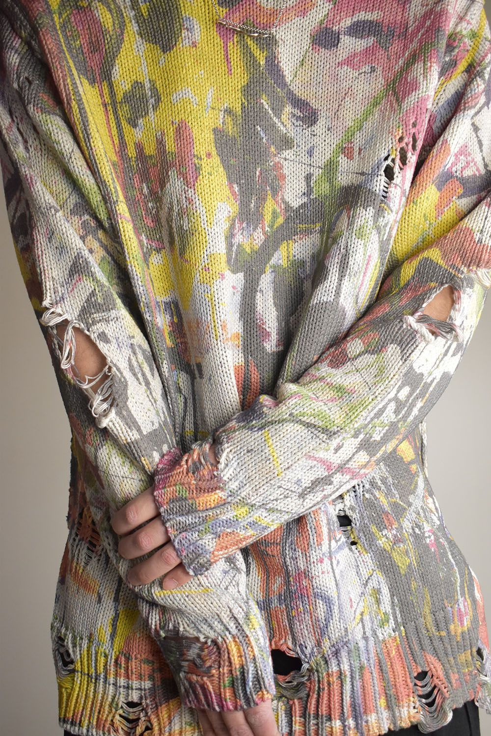 Inkjet Print Cotton 3GG Damaged Knit PulloVer"Color Print" / インクジェットプリント コットン 3GG ダメージニットプルオーバー "カラープリント"