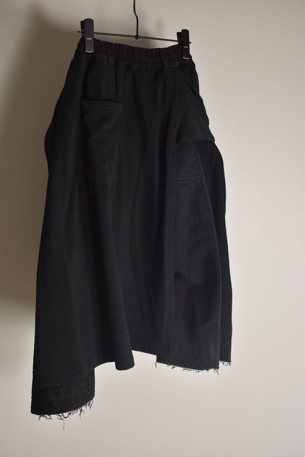 Stretch Denim Distressed Apron Wide Cropped Pants "Black" / ストレッチデニムダメージエプロンワイドクロップドパンツ"ブラック"