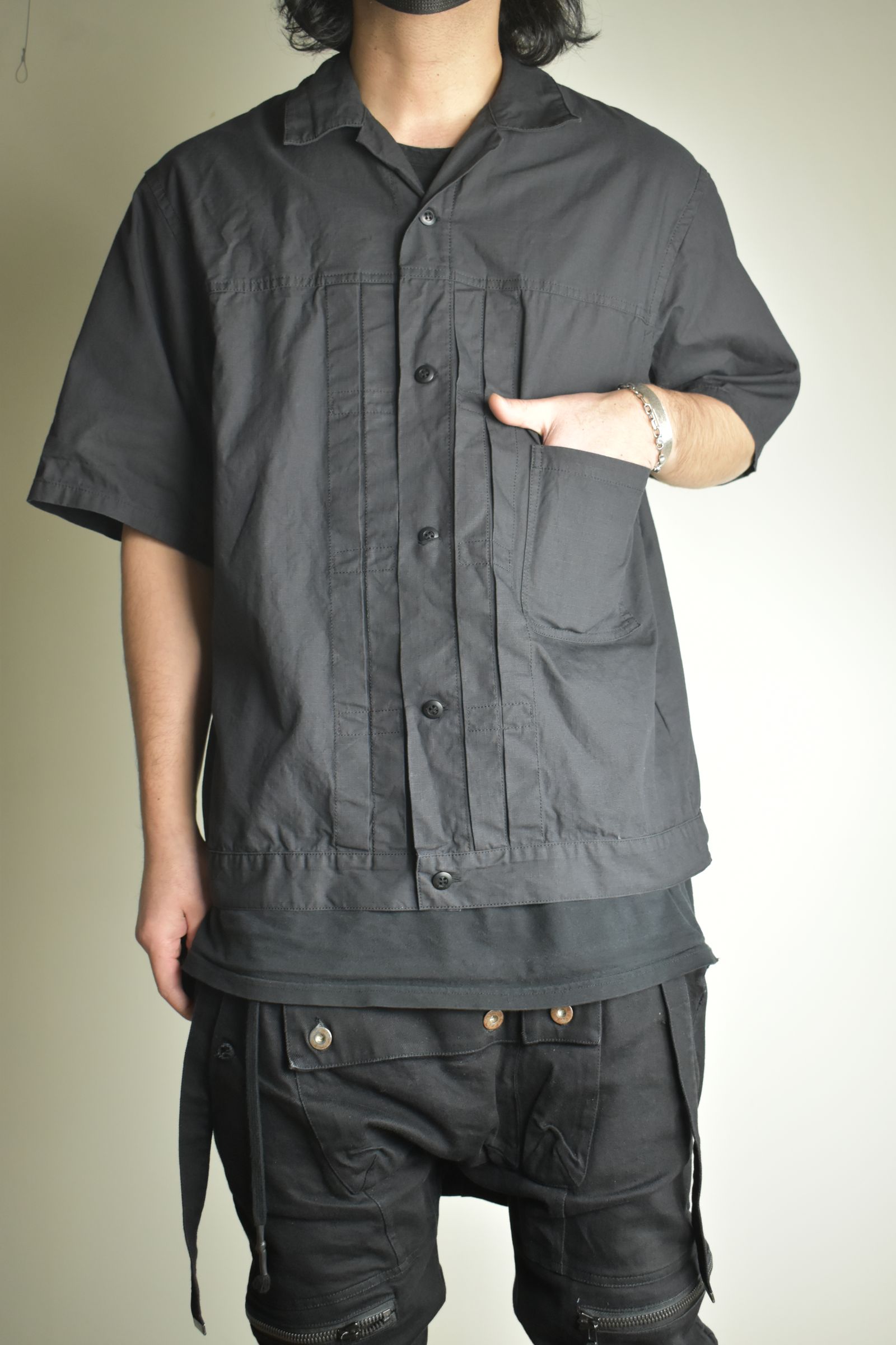 Rip Stop Open Collar Shirt"Black" / リップストップオープンカラーシャツ"Black"