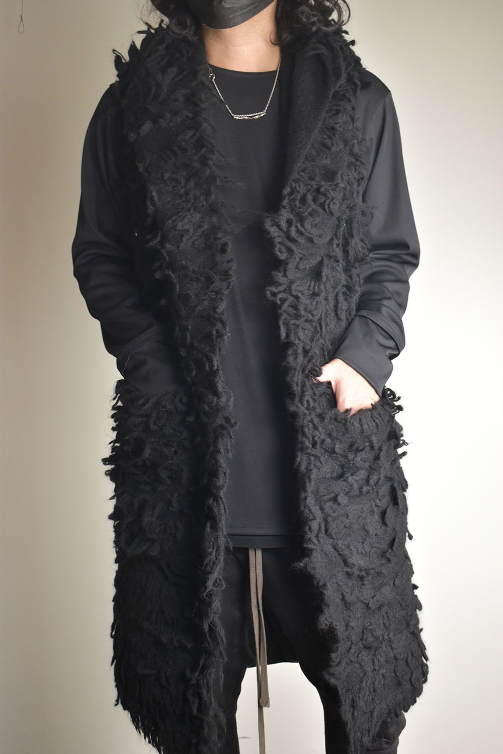5GG Long Pile Knit Hoodie Stole"Black" / ロングパイルニットフーディストール"ブラック"