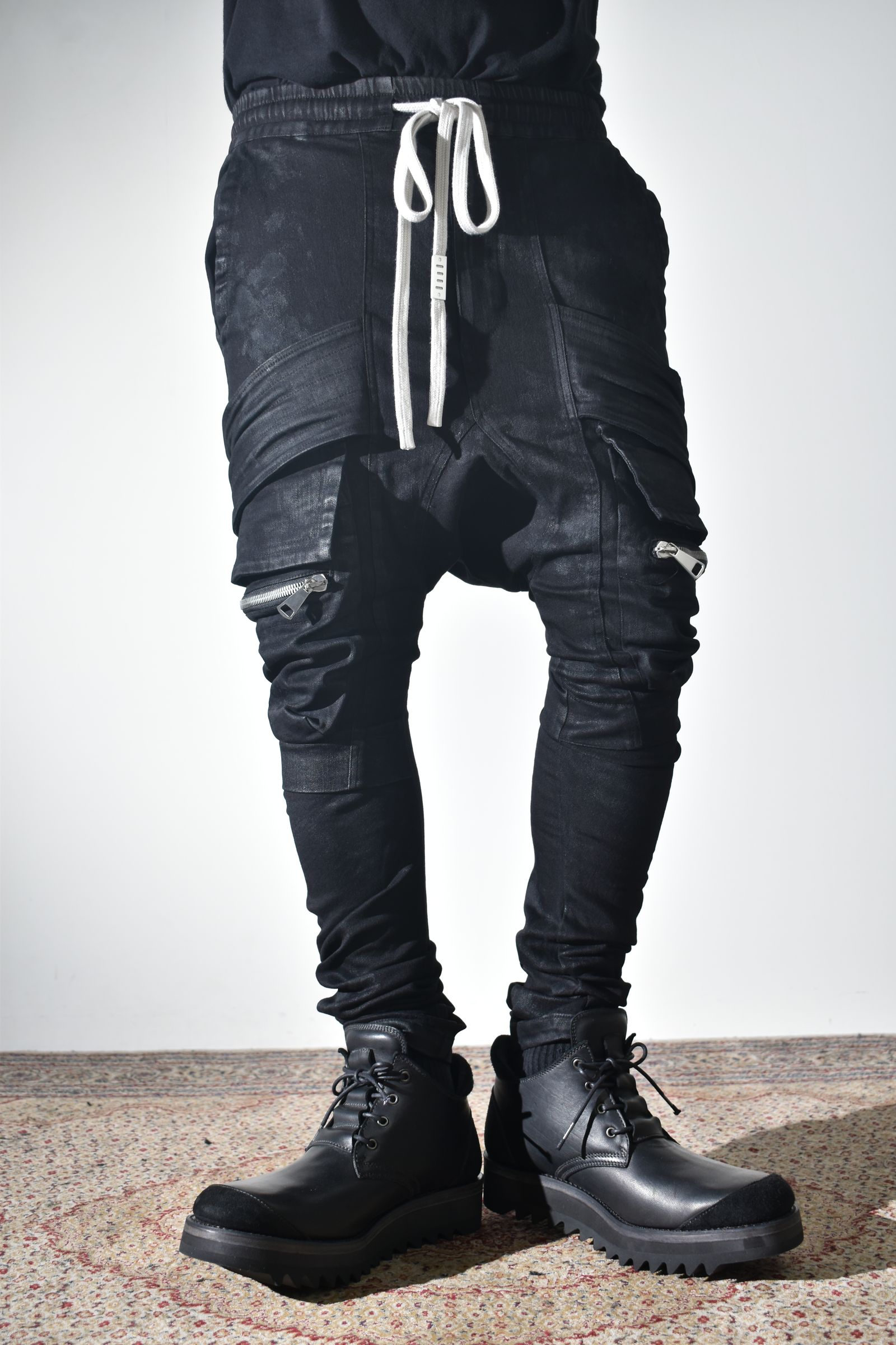 Strtch Denim Coatiing Cargo Sarouel Skinny"Black" / ストレッチデニムコーティングカーゴサルエルスキニー"ブラック"